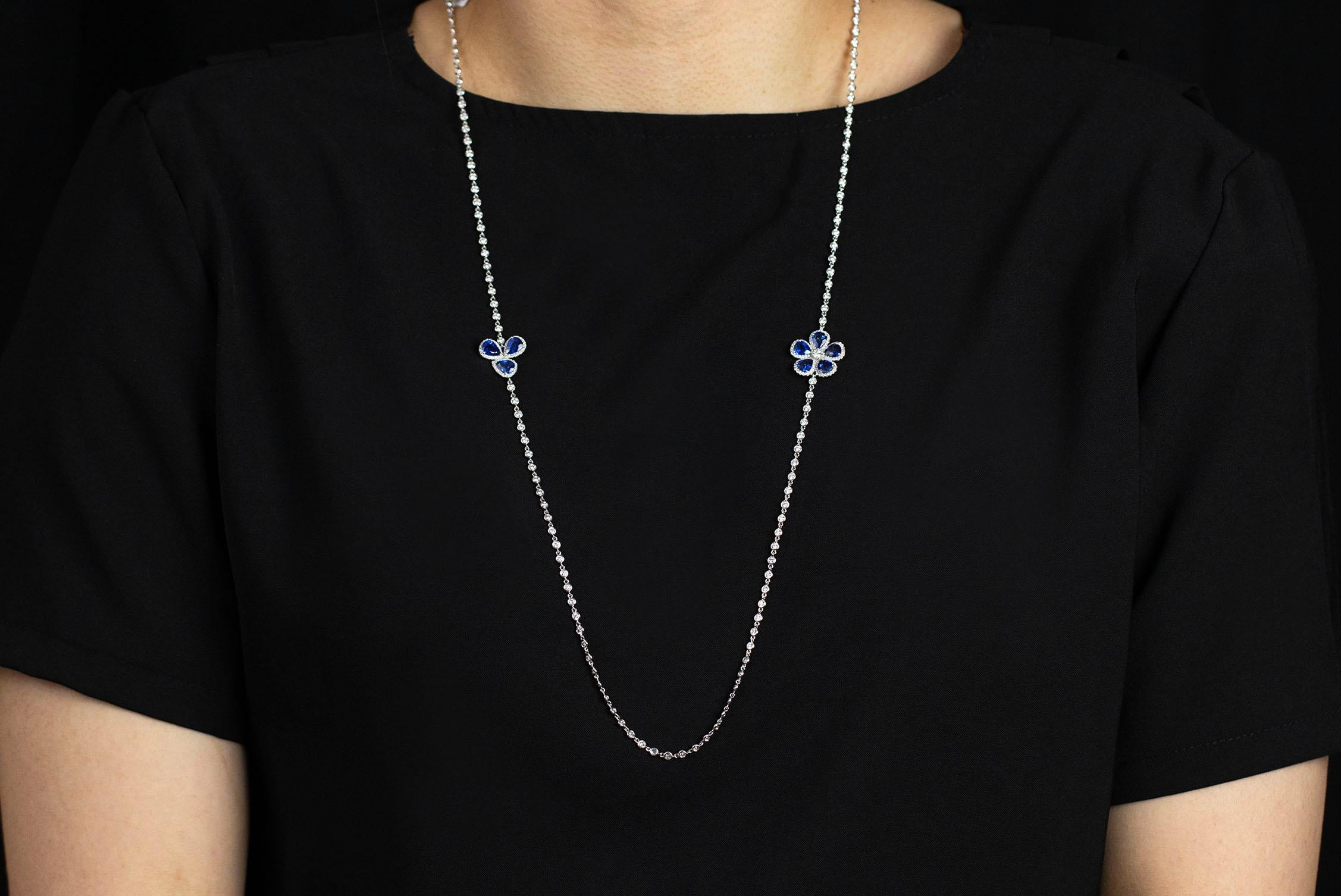 5.89 Carat Pear Shape Blue Sapphire with Diamond Flower Design Long Necklace In New Condition For Sale In New York, NY