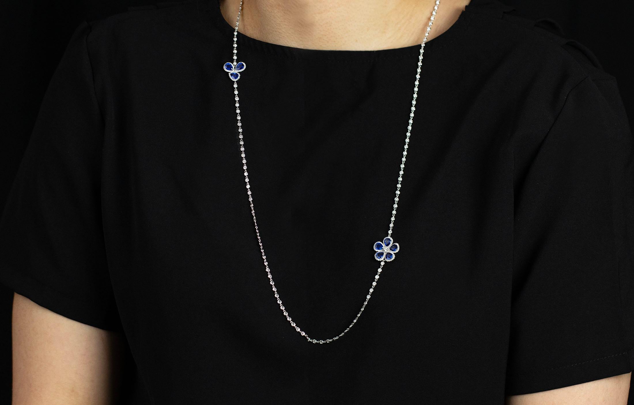 Women's 5.89 Carat Pear Shape Blue Sapphire with Diamond Flower Design Long Necklace For Sale