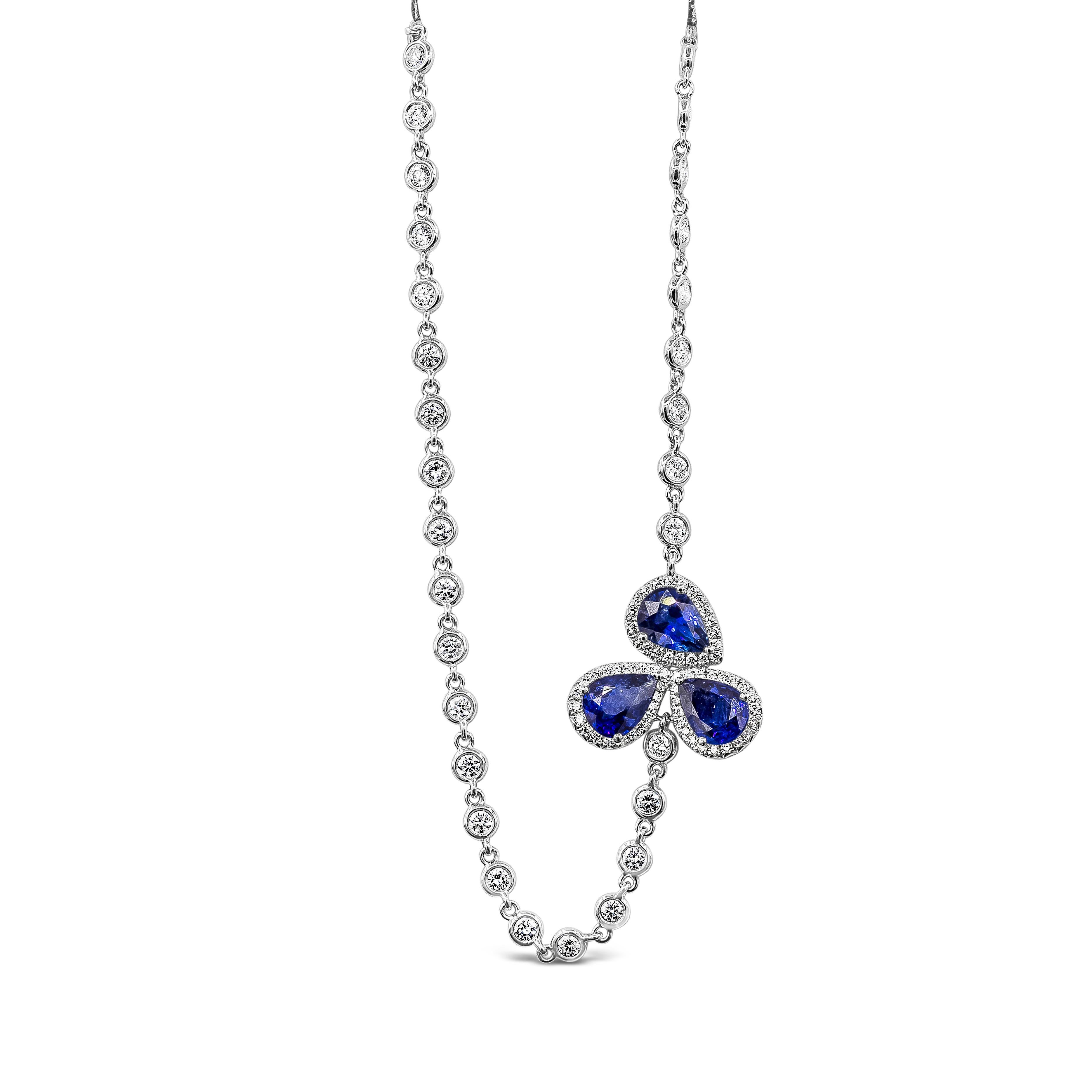 Contemporary 5.89 Carat Pear Shape Blue Sapphire with Diamond Flower Design Long Necklace For Sale