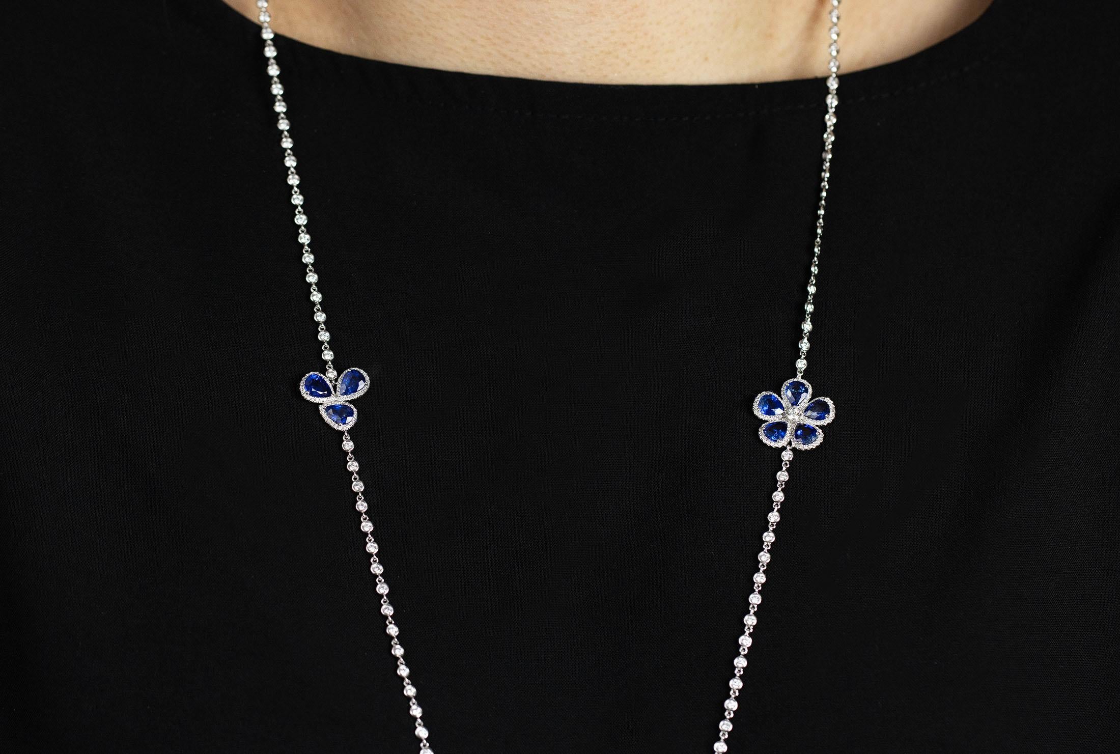 5.89 Carat Pear Shape Blue Sapphire with Diamond Flower Design Long Necklace For Sale 1