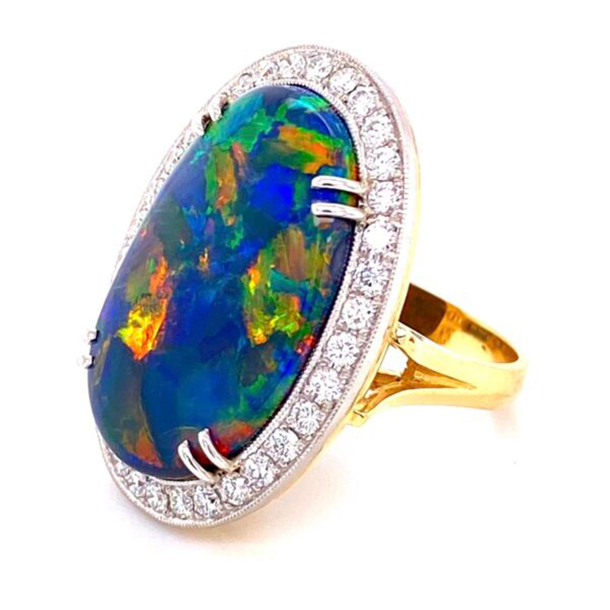 Mixed Cut 10.68 Carat Black Opal and Diamond Platinum Cocktail Ring Estate Fine Jewelry