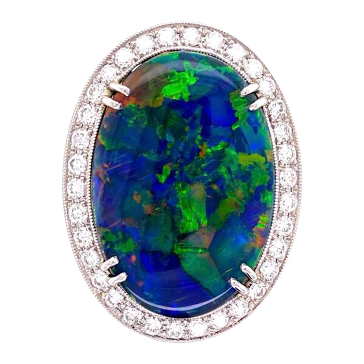 10.68 Carat Black Opal and Diamond Platinum Cocktail Ring Estate Fine Jewelry