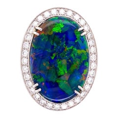 Retro 10.68 Carat Black Opal and Diamond Platinum Cocktail Ring Estate Fine Jewelry