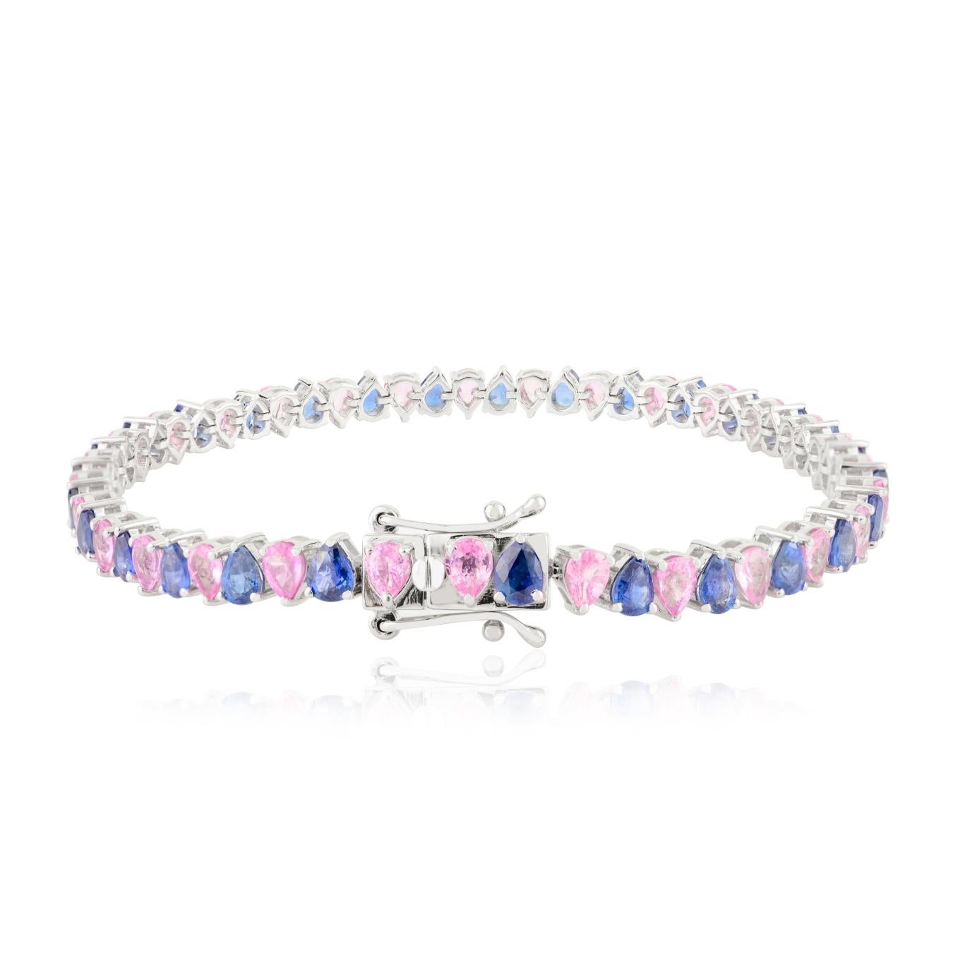 10.68 Carat Double Pear Shape Multi Sapphire Tennis Bracelet in 18k White Gold Art Decó en venta