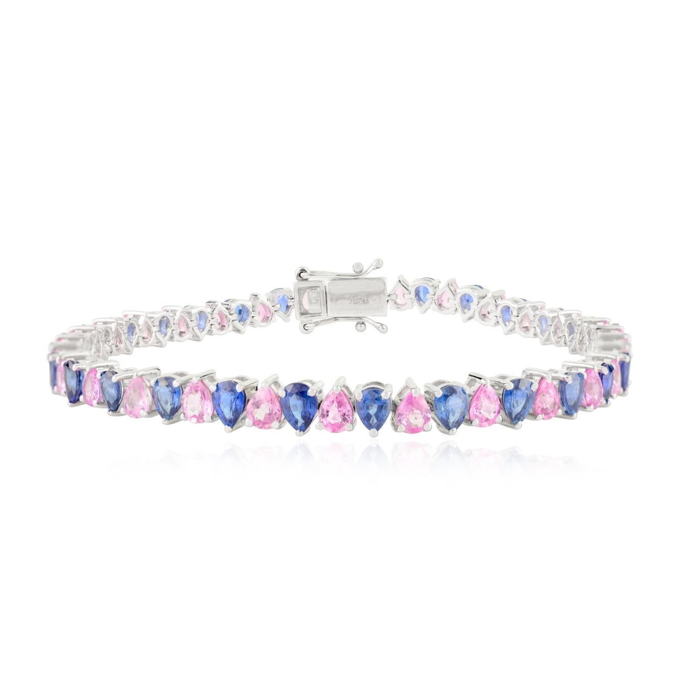 10.68 Carat Double Pear Shape Multi Sapphire Tennis Bracelet in 18k White Gold en Nuevo estado para la venta en New York, NY