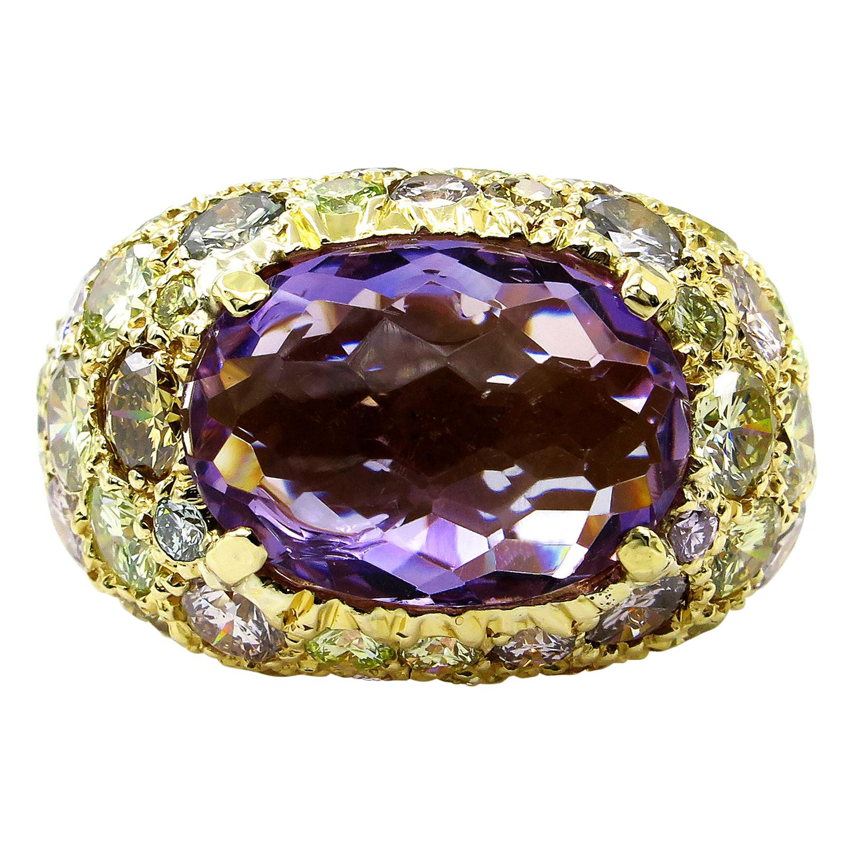 10.68 Carat Natural Fancy Multicolored Diamonds & Amethyst Dome 18k Gold Ring