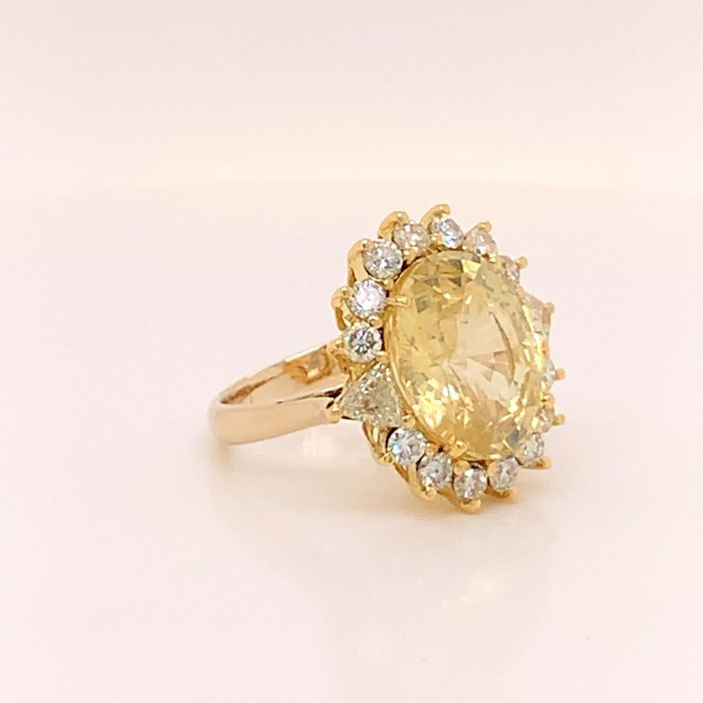 Women's 10.68 Carat Oval Cut Unheated Yellow Sapphire and Diamond Ring in Yellow Gold For Sale