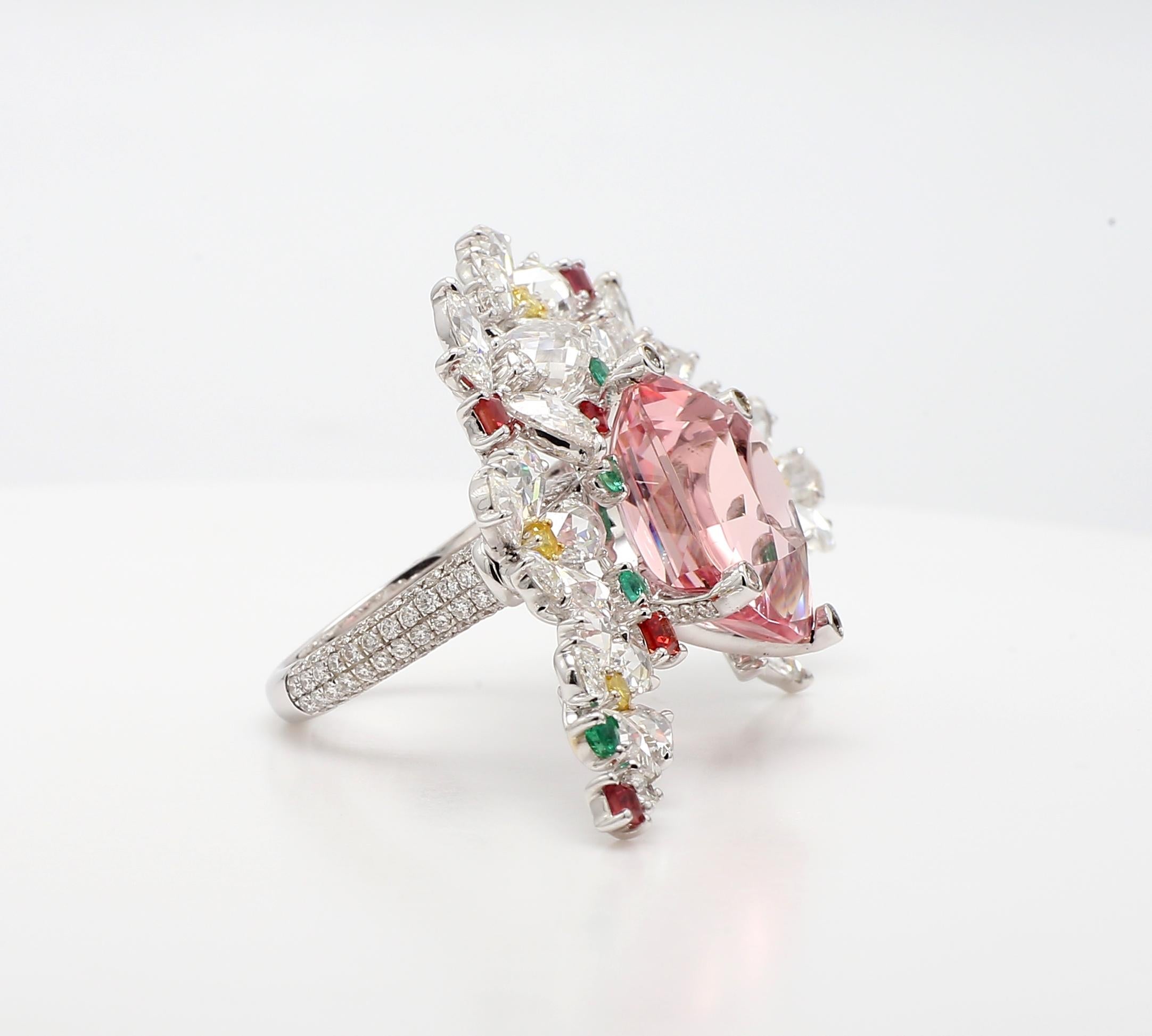 Art Nouveau 10.68 Carat Pink Morganite and White Diamonds, Cocktail Ring, 18k Gold GRS Cert. For Sale