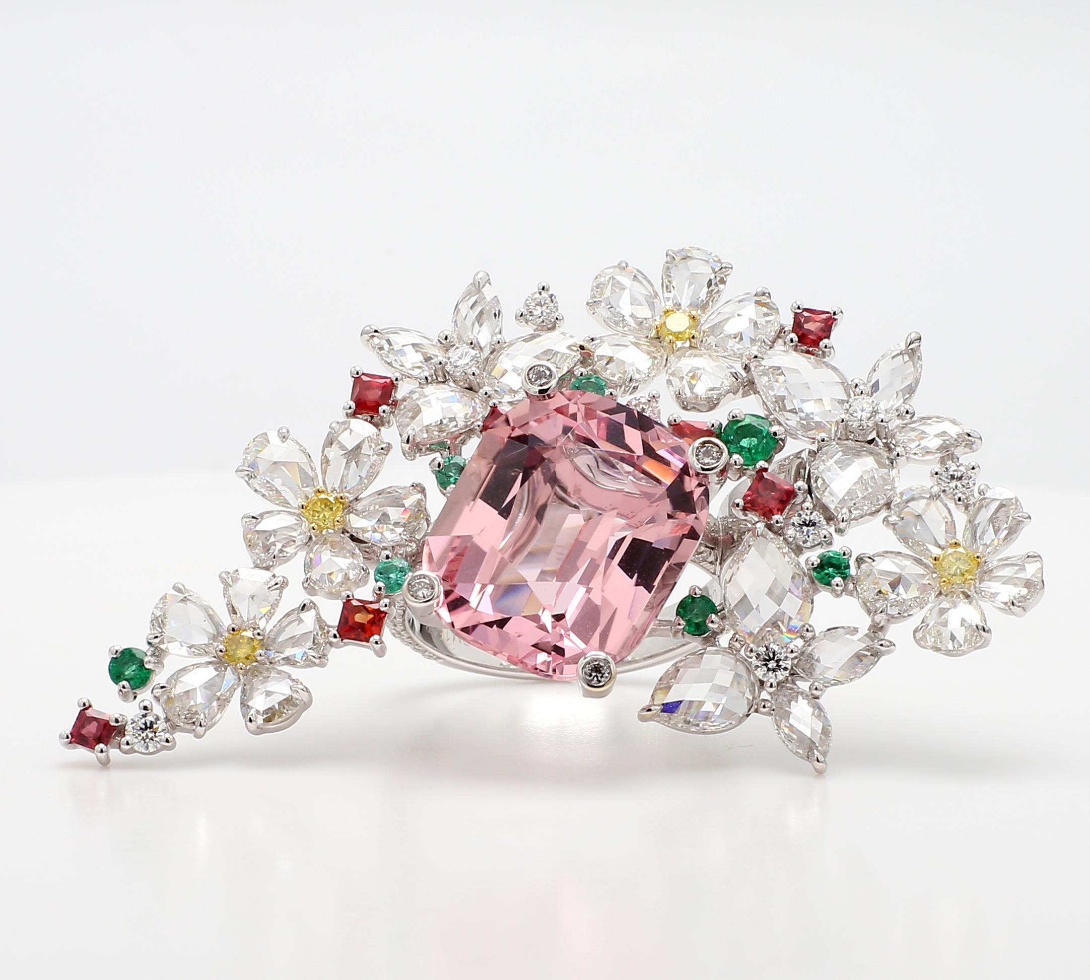 Antique Cushion Cut 10.68 Carat Pink Morganite and White Diamonds, Cocktail Ring, 18k Gold GRS Cert. For Sale