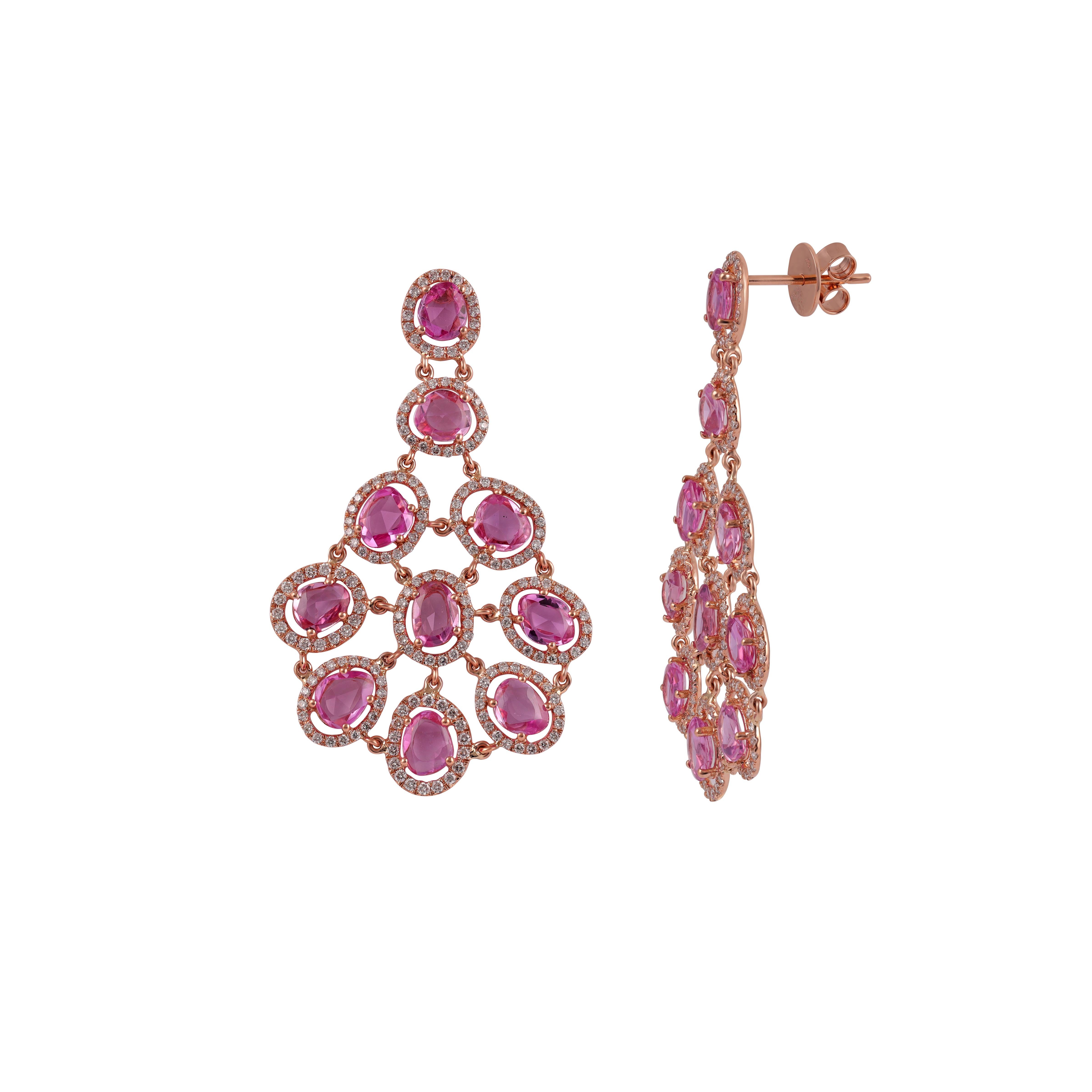 Modern 10.68 Carat Pink Sapphire & Diamonds Long Earrings in 18k Gold For Sale