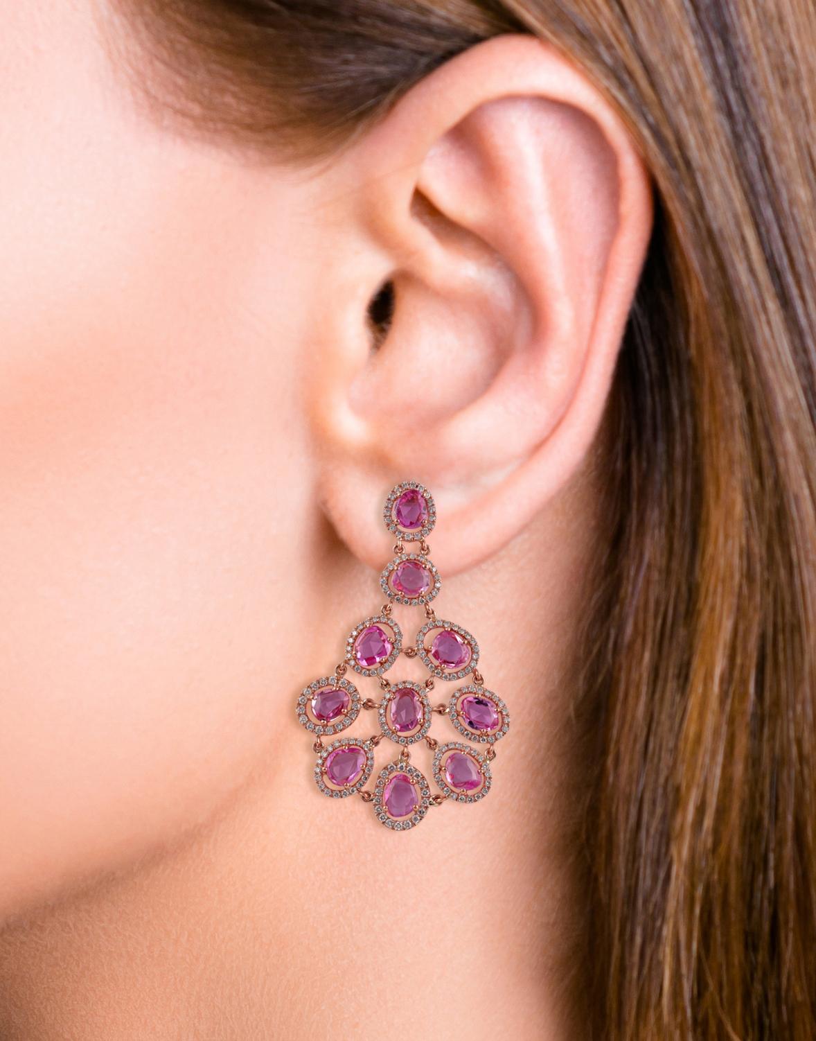 Mixed Cut 10.68 Carat Pink Sapphire & Diamonds Long Earrings in 18k Gold For Sale