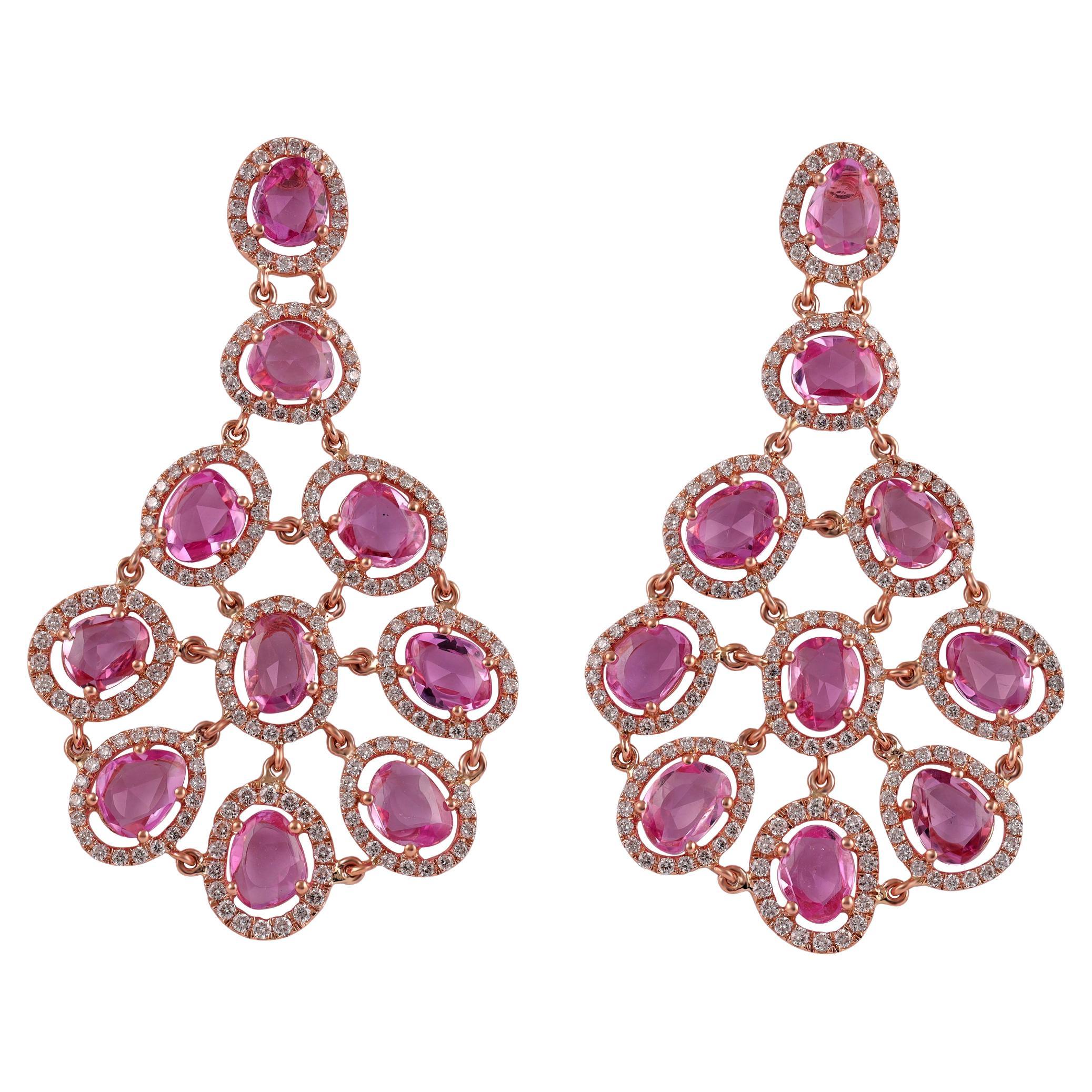 10.68 Carat Pink Sapphire & Diamonds Long Earrings in 18k Gold For Sale