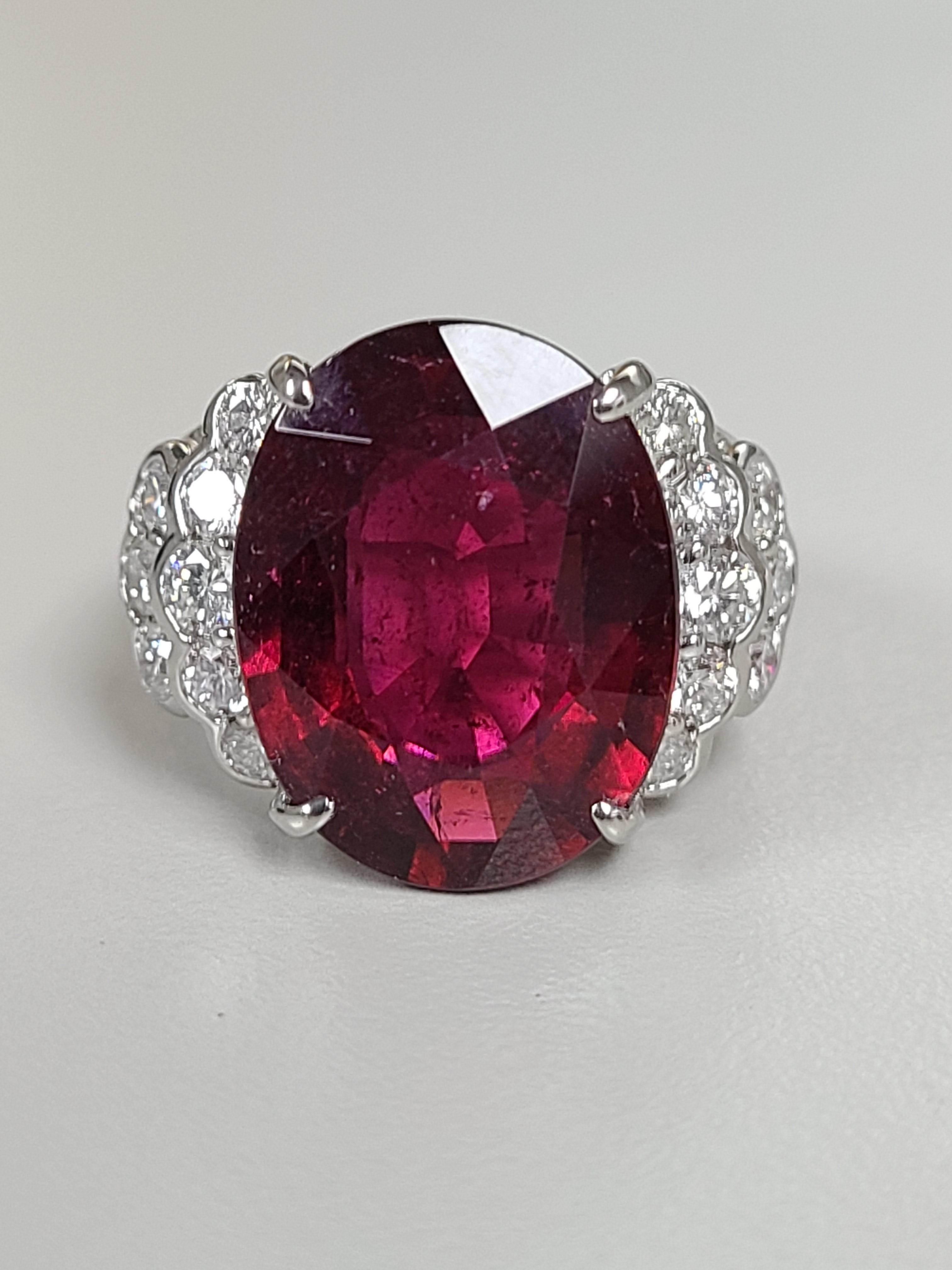 Oval Cut 10.68 Carat Rubellite Ring Set in Platinum PT900 with Diamonds