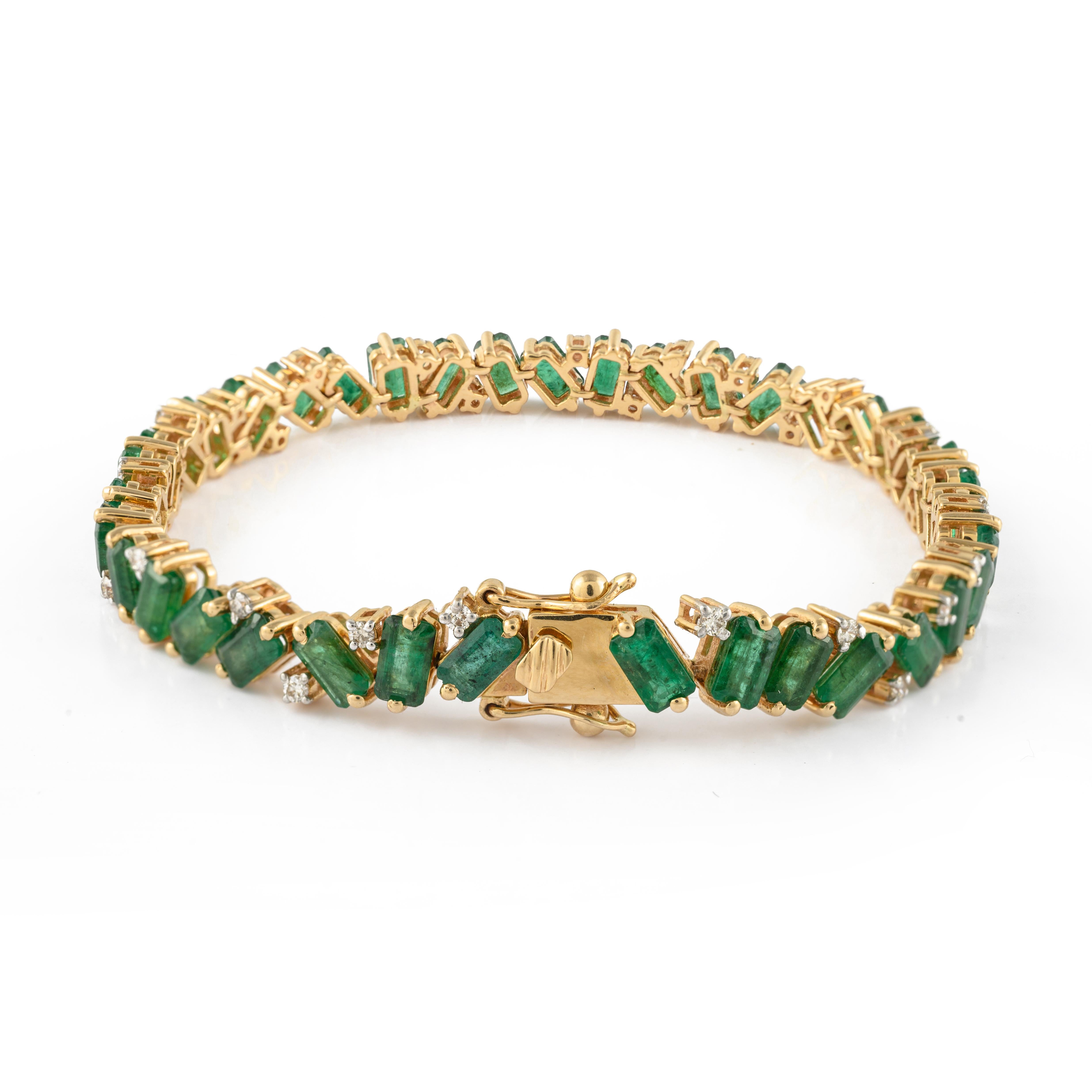 This Unique Diamond and Emerald Tennis Bracelet Set in 14K gold showcases 37 endlessly sparkling natural emeralds, weighing 10.68 carats. It measures 7 inches long in length. 
Emerald enhances intellectual capacity of the person.
Designed with
