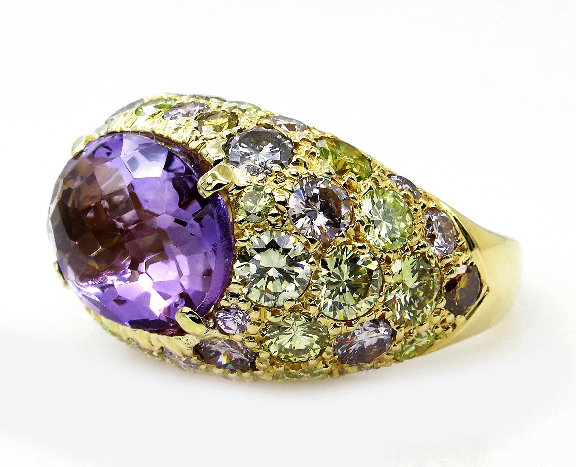 Ready for something extraordinary and super RARE?! This unique vintage high dome Ring is a statement maker! Vintage Estate 10.68ct Natural Fancy MULTICOLORED Diamonds & Amethyst Dome 18K Yellow RING.
The centerpiece is the sparkling set Est-West