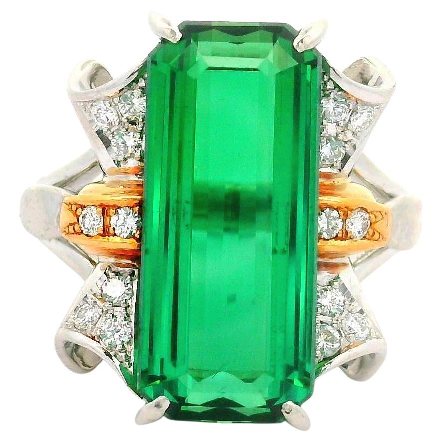 10.69 Carat Green Tourmaline Diamond Platinum 18k Rose Gold Ribbon Ring For Sale