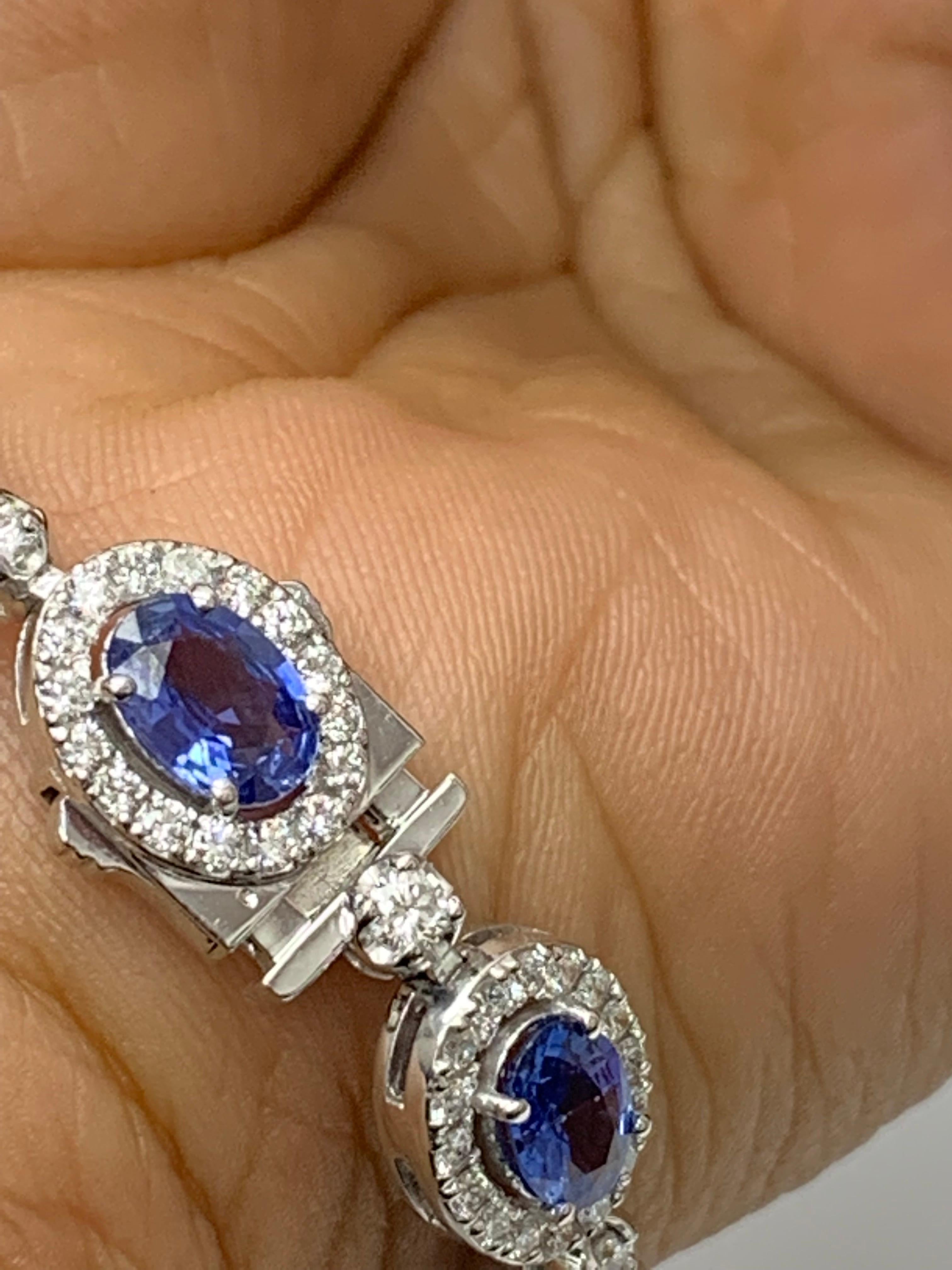 10.69 Carat Oval Blue Sapphire and Diamond Halo Bracelet in 14K White Gold For Sale 10