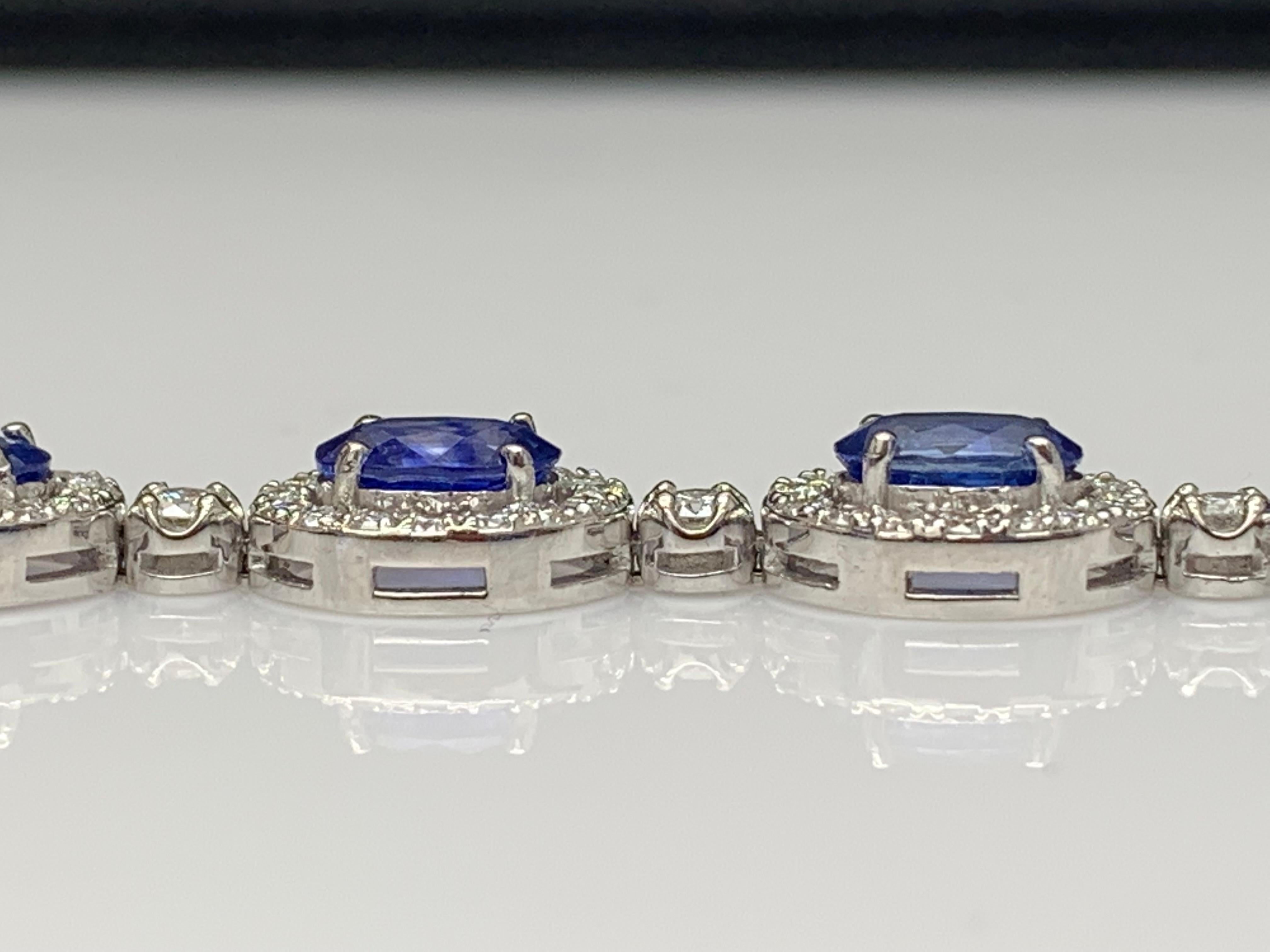 10.69 Carat Oval Blue Sapphire and Diamond Halo Bracelet in 14K White Gold In New Condition For Sale In NEW YORK, NY