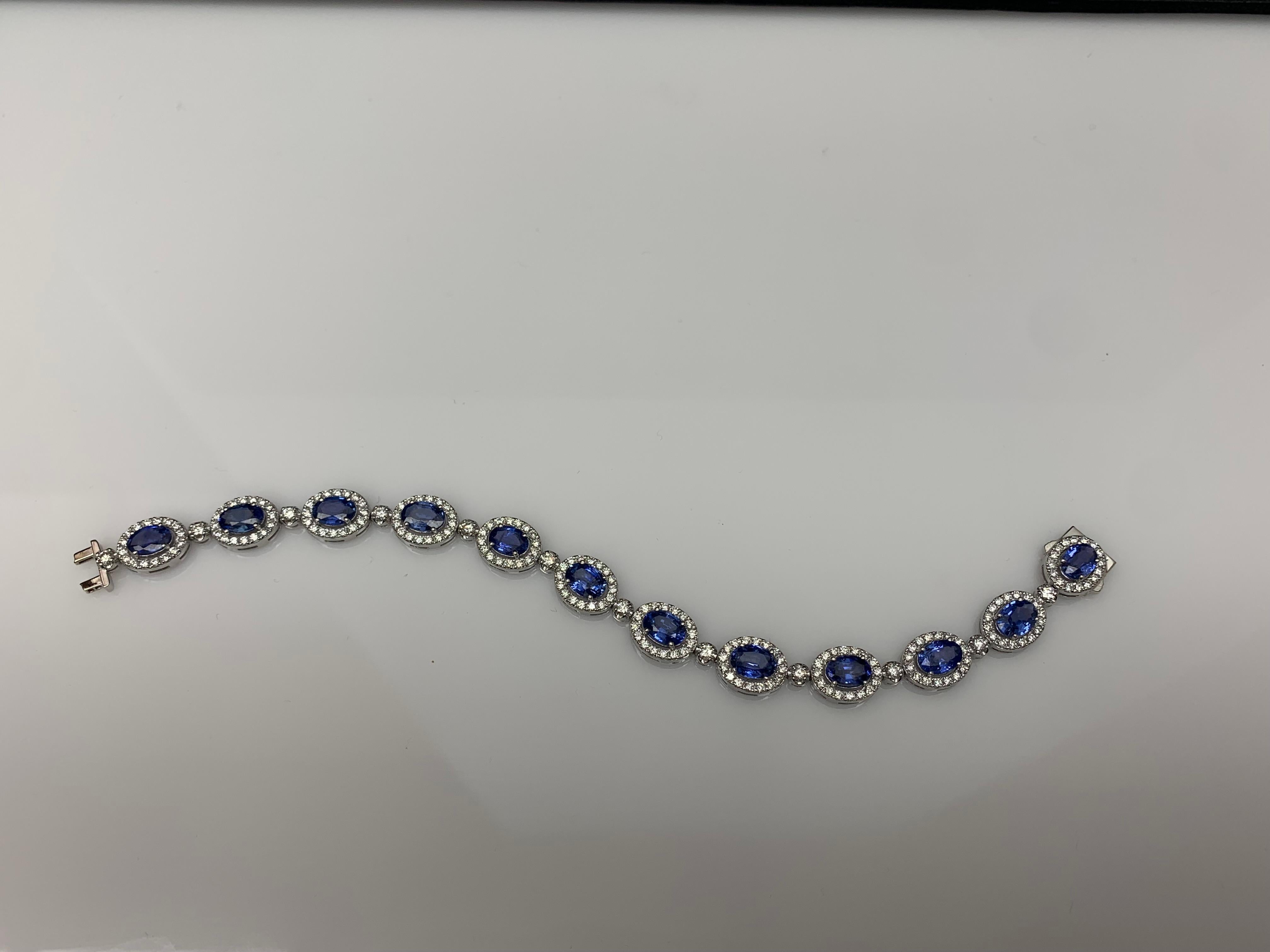 Women's 10.69 Carat Oval Blue Sapphire and Diamond Halo Bracelet in 14K White Gold For Sale
