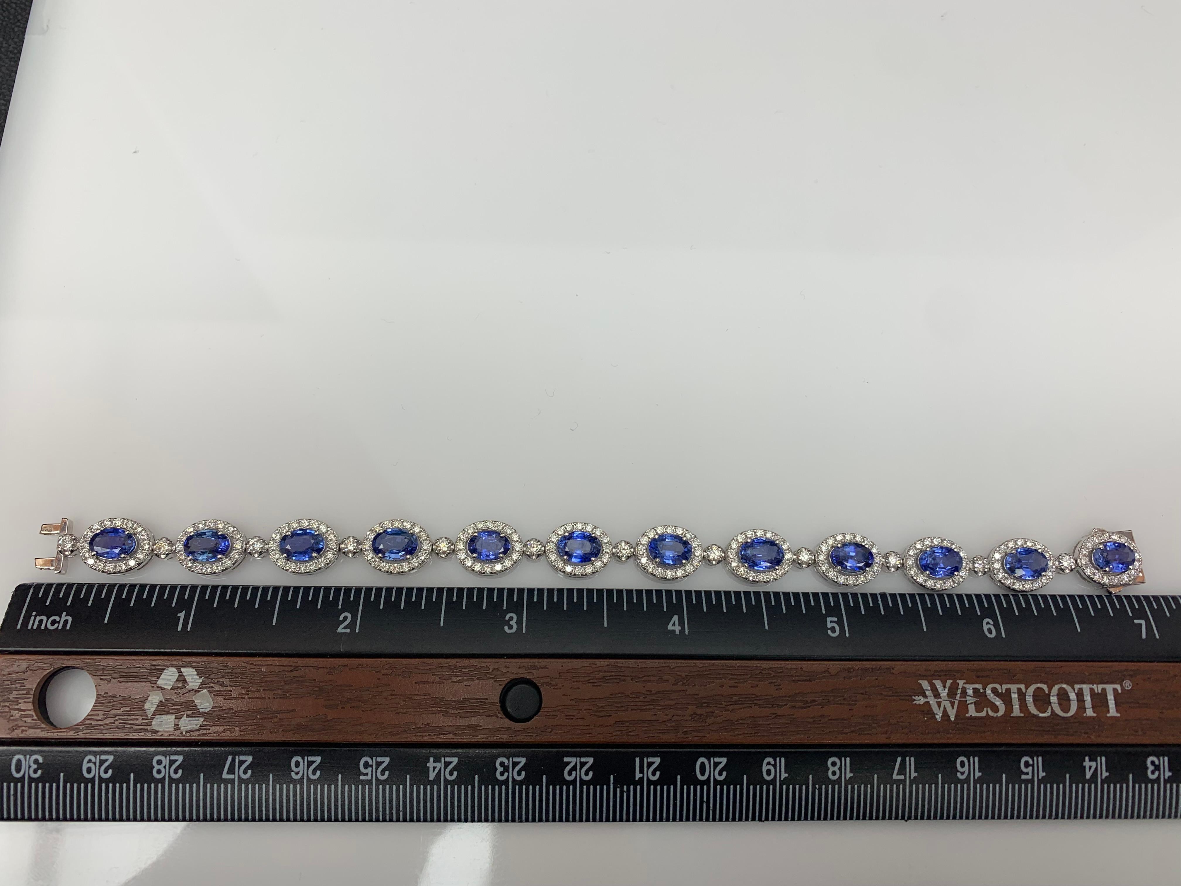 10.69 Carat Oval Blue Sapphire and Diamond Halo Bracelet in 14K White Gold For Sale 1