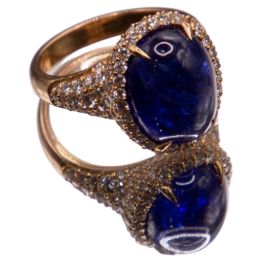 10.69 Carat Oval Cabochon Tanzanite/18k Yellow Gold Ring/2.14 Carats Diamond