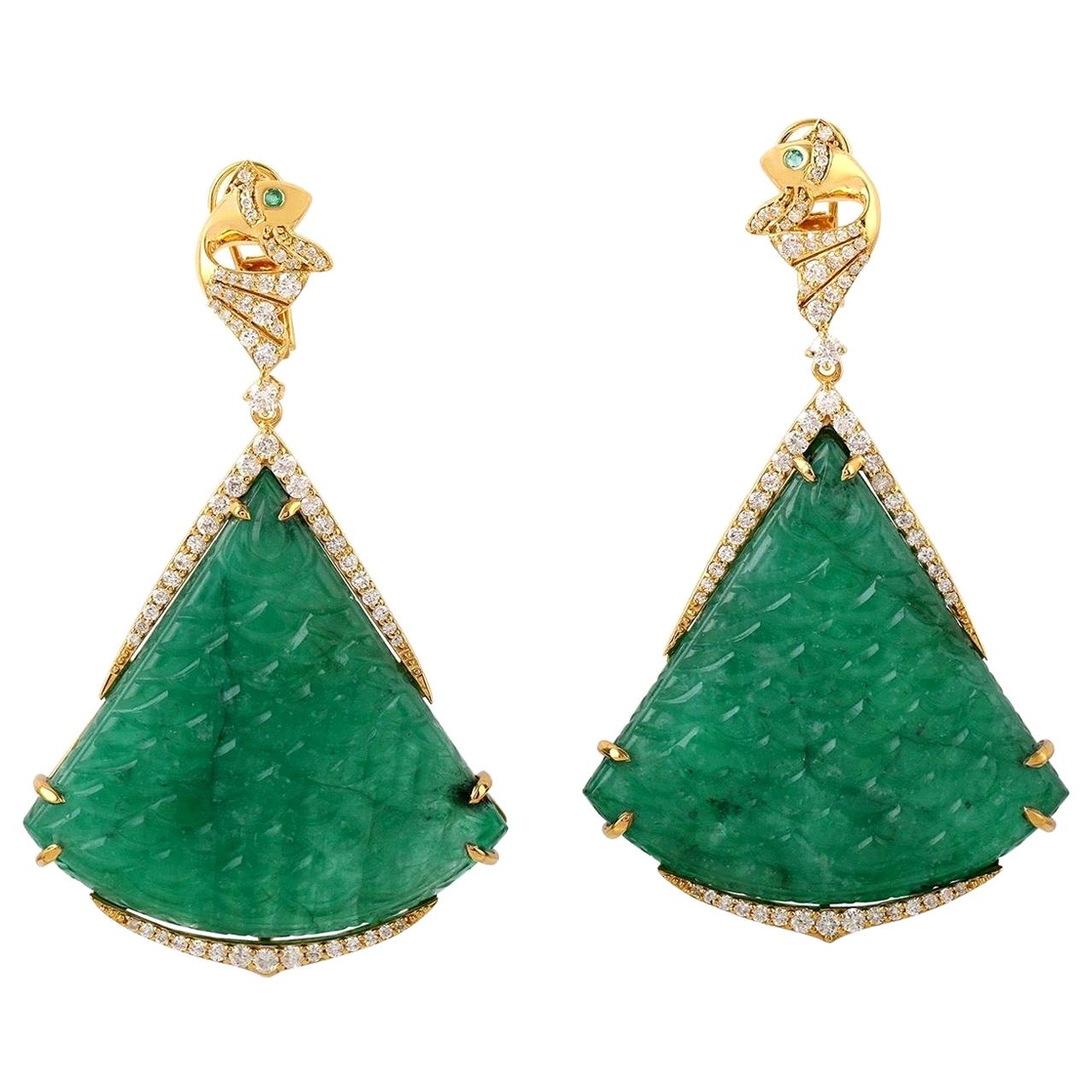 106.99 Carat Carved Emerald 18 Karat Gold Fish Tail Diamond Earrings For Sale