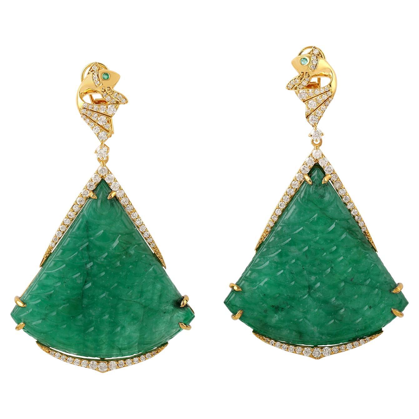 106.99ct Anchor Resembling Shaped Emerald Dangle Earrings With Diamonds