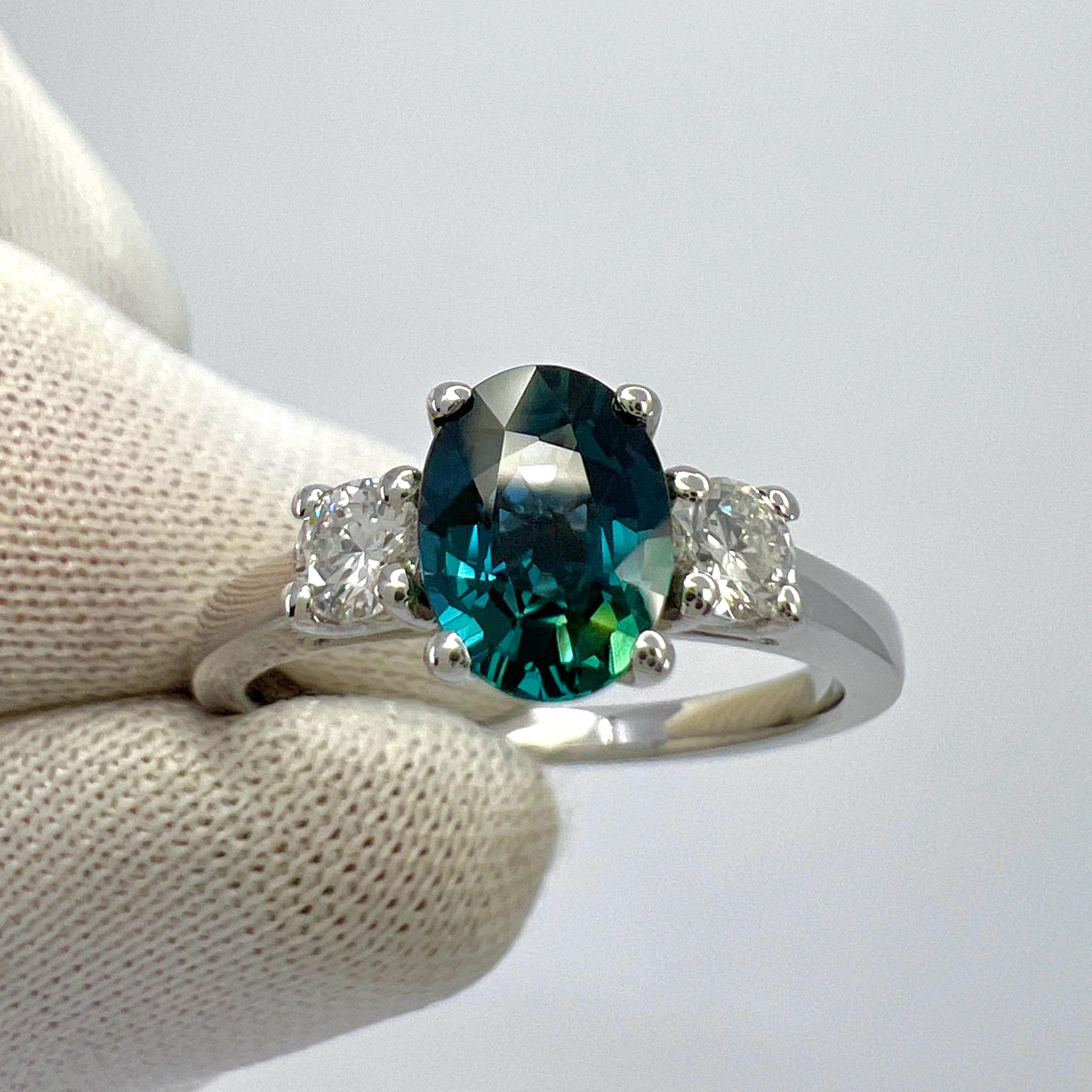 1.06ct Deep Blue Oval Cut Sapphire And Diamond 18k White Gold Three Stone Ring In New Condition For Sale In Birmingham, GB