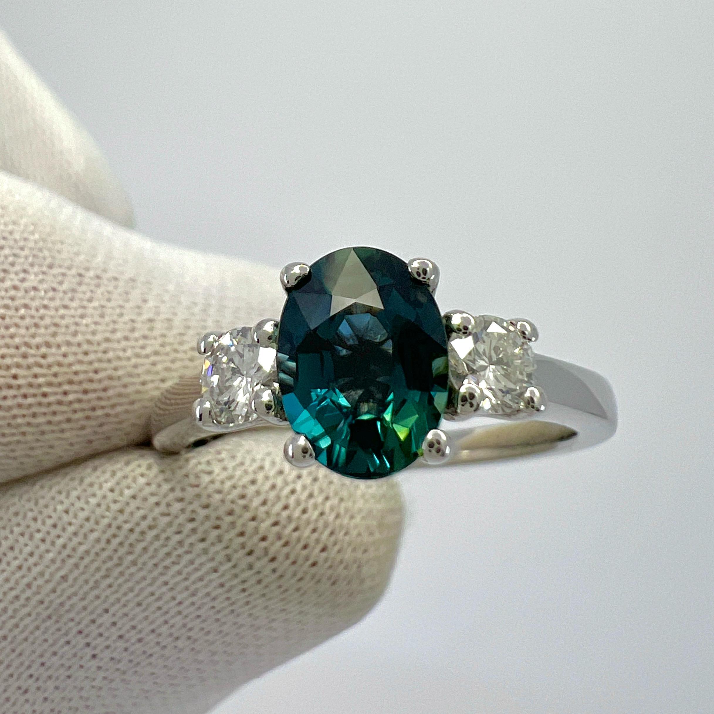 1.06ct Deep Blue Oval Cut Sapphire And Diamond 18k White Gold Three Stone Ring For Sale 2