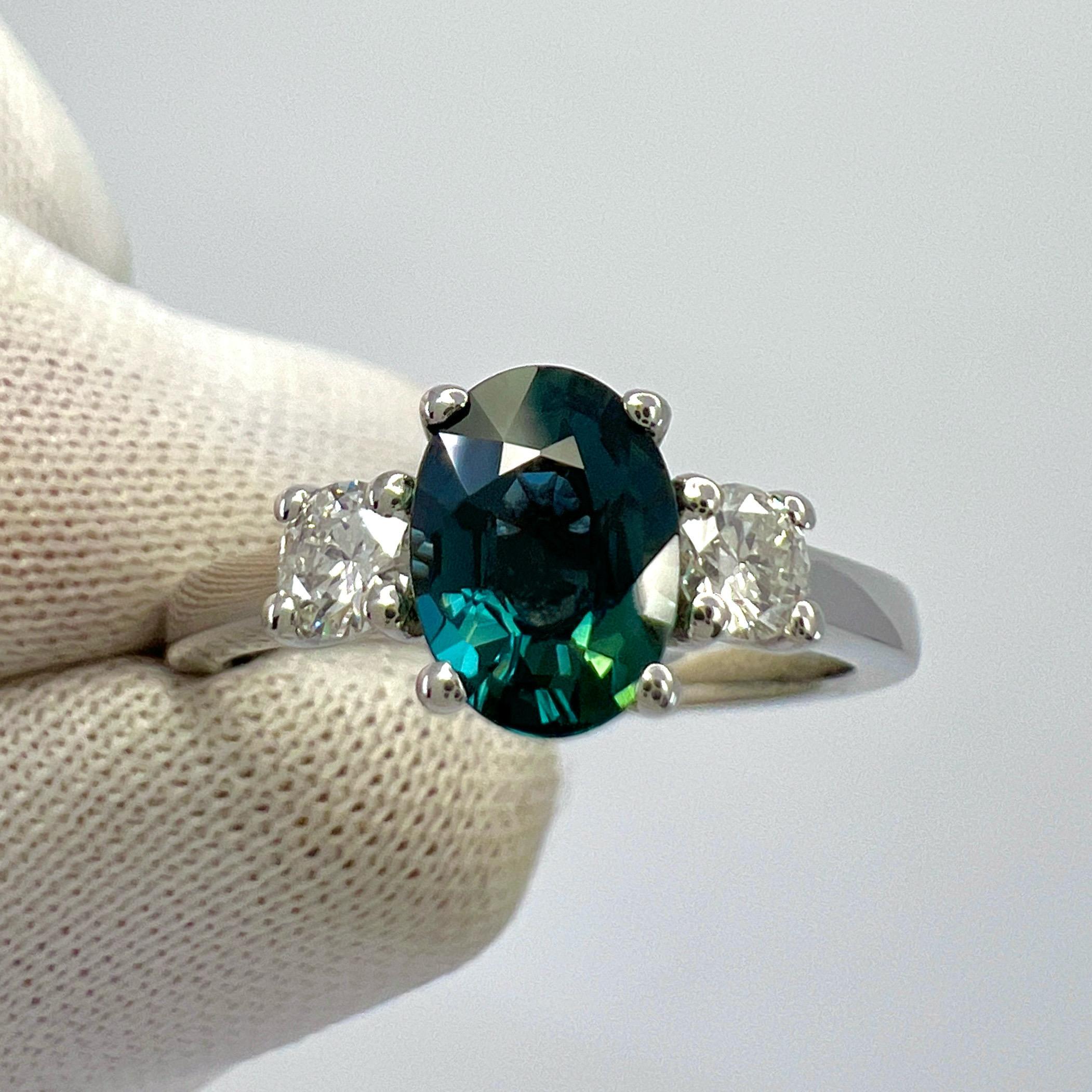 1.06ct Deep Blue Oval Cut Sapphire And Diamond 18k White Gold Three Stone Ring For Sale 3