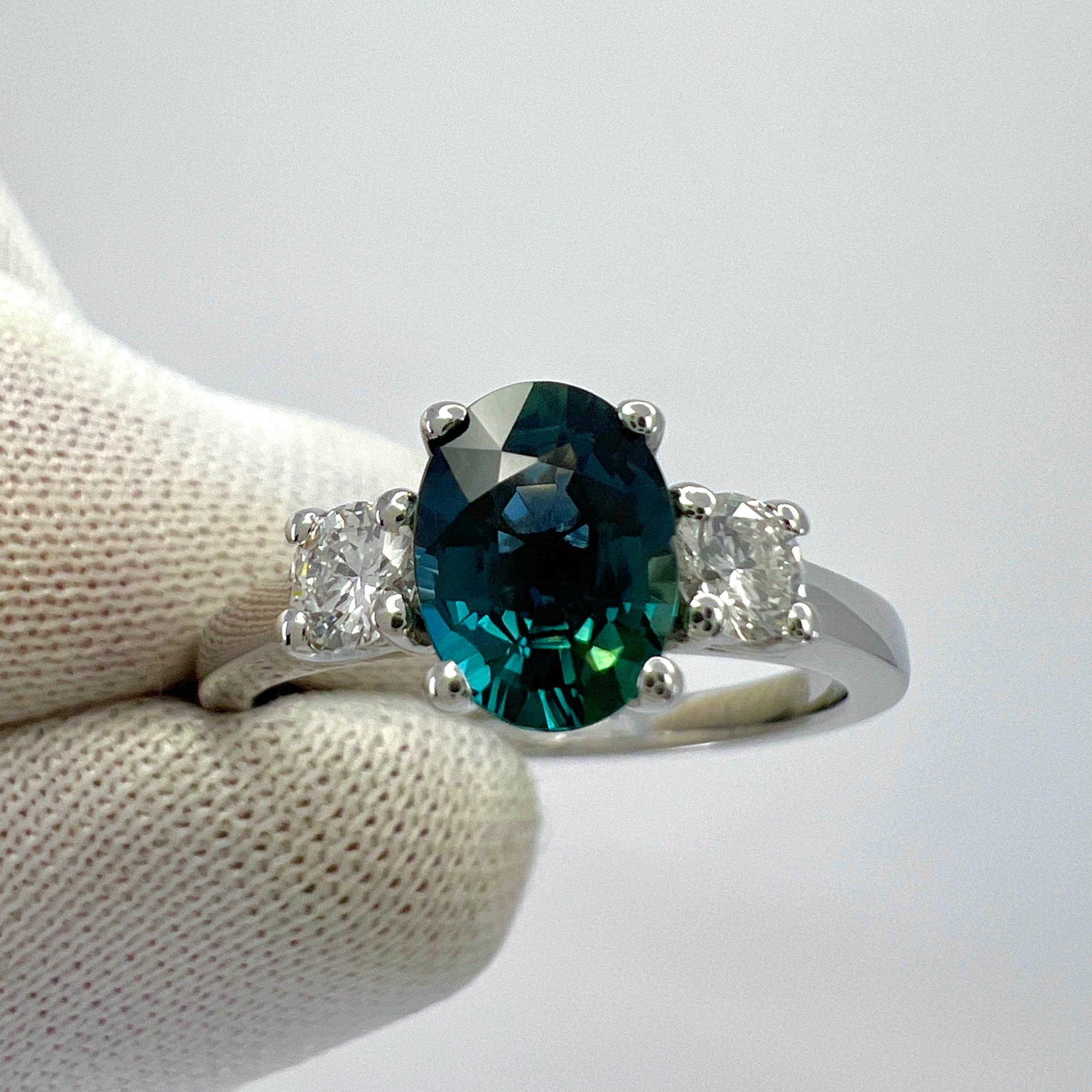 1.06ct Deep Blue Oval Cut Sapphire And Diamond 18k White Gold Three Stone Ring For Sale 4