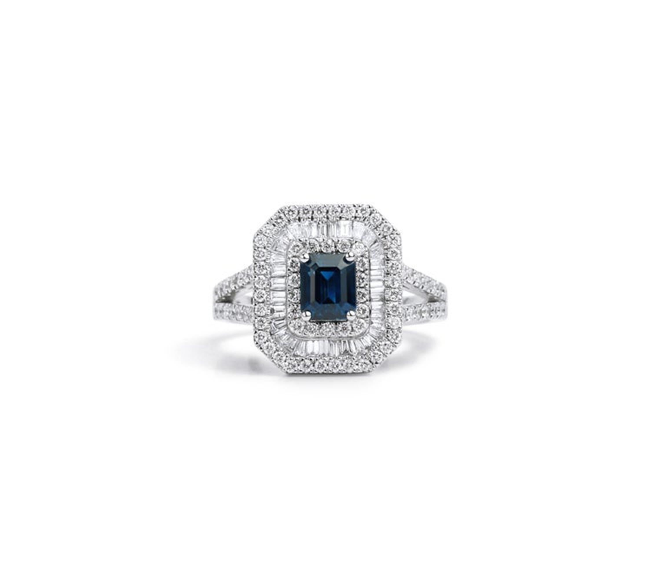 1.06ct Emerald-Cut Blue Sapphire Triple Halo Engagement Ring in 18K White Gold In New Condition For Sale In Jaipur, RJ