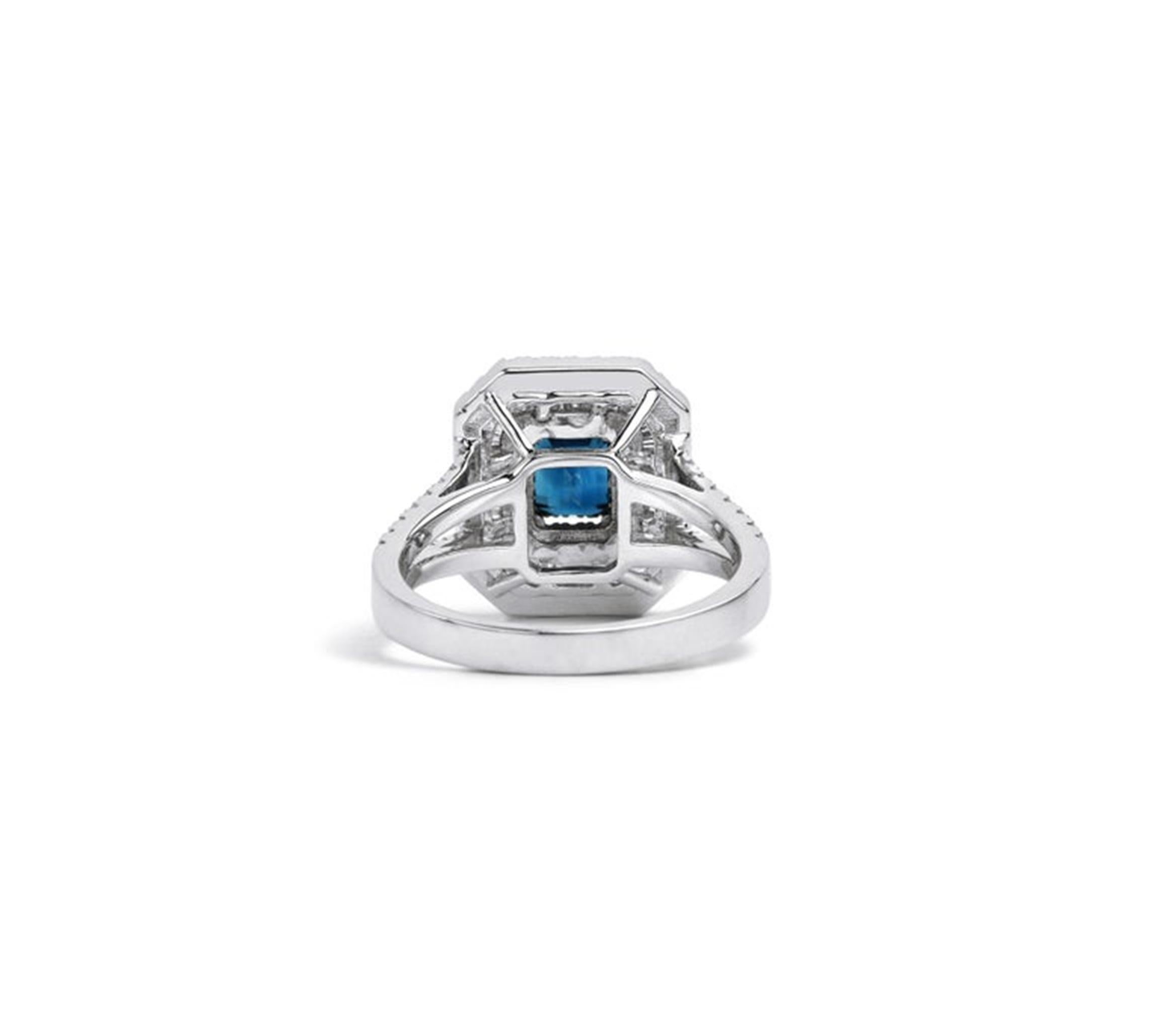 Women's 1.06ct Emerald-Cut Blue Sapphire Triple Halo Engagement Ring in 18K White Gold For Sale