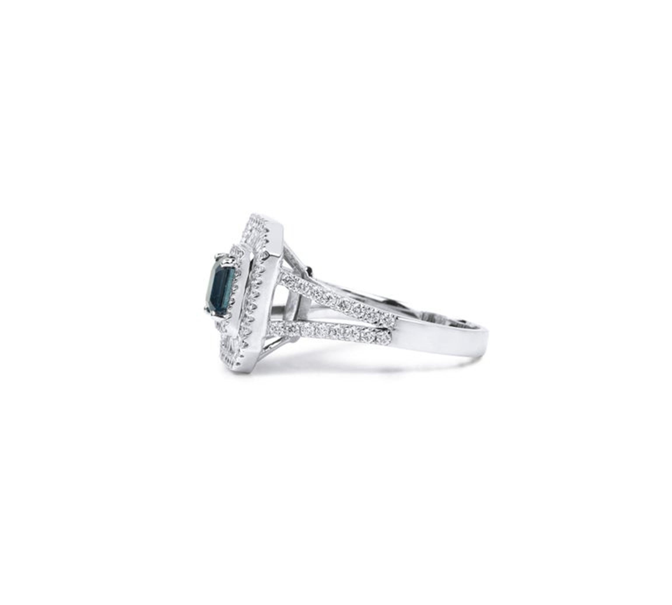 1.06ct Emerald-Cut Blue Sapphire Triple Halo Engagement Ring in 18K White Gold For Sale 1