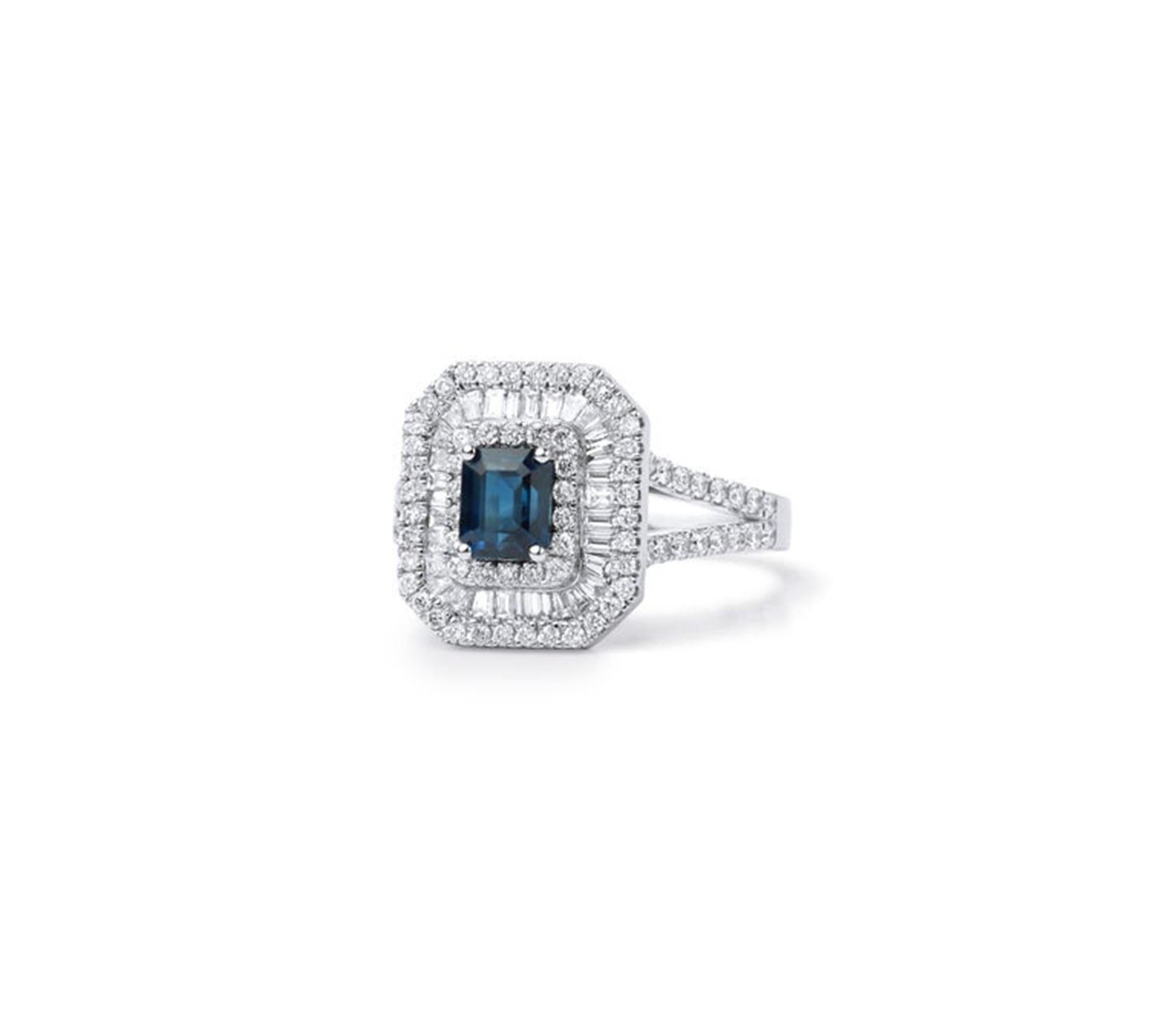 1.06ct Emerald-Cut Blue Sapphire Triple Halo Engagement Ring in 18K White Gold For Sale 2