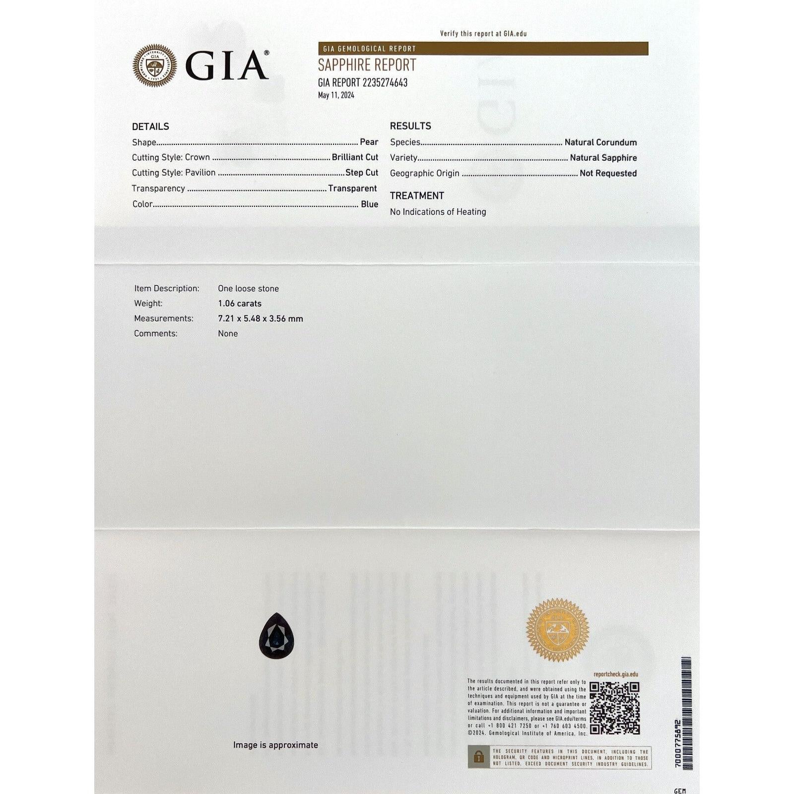 1,06 ct Zafiro azul profundo sin tratar certificado por la GIA Lágrima de pera azul 7,2x5,4 mm

Gema de zafiro azul profundo natural sin tratar certificada por el GIA.
Zafiro de 1,06 quilates de color azul intenso y muy buena claridad, una piedra