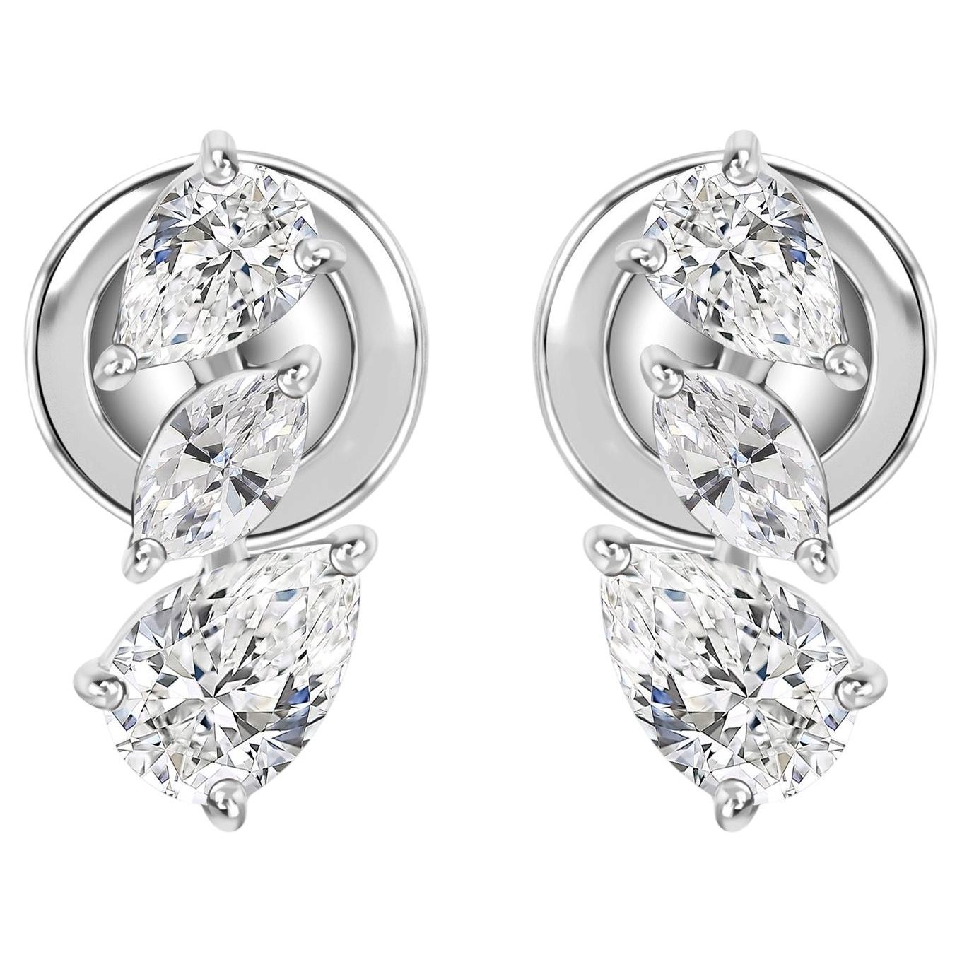 1.06Ct Natural Pear Cut Diamond Cluster Stud Earrings in 18K White Gold For Sale