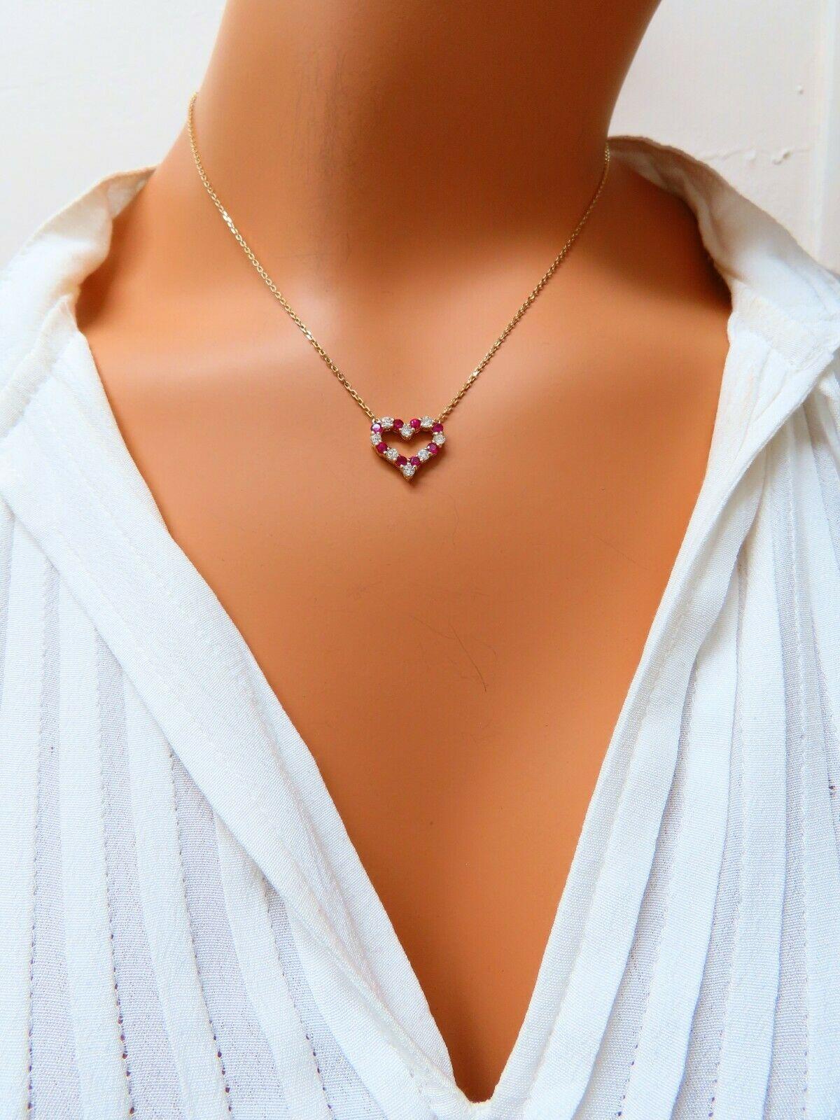 Round Cut 1.06 Carat Natural Red Ruby Diamond Open Heart Necklace 14 Karat