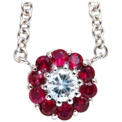1.06 Carat Natural Ruby Diamond Cluster Necklace 14 Karat