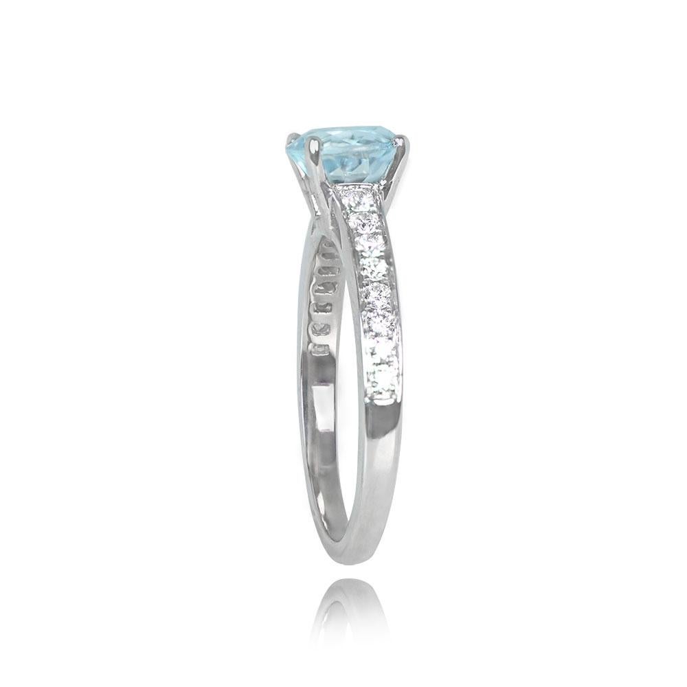 Art Deco 1.06ct Round Cut Aquamarine Engagement Ring, 18k White Gold  For Sale