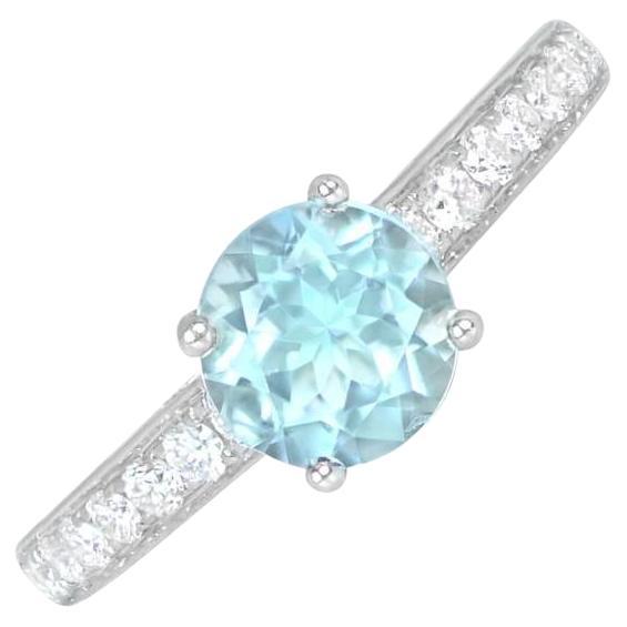 1.06ct Round Cut Aquamarine Engagement Ring, 18k White Gold  For Sale