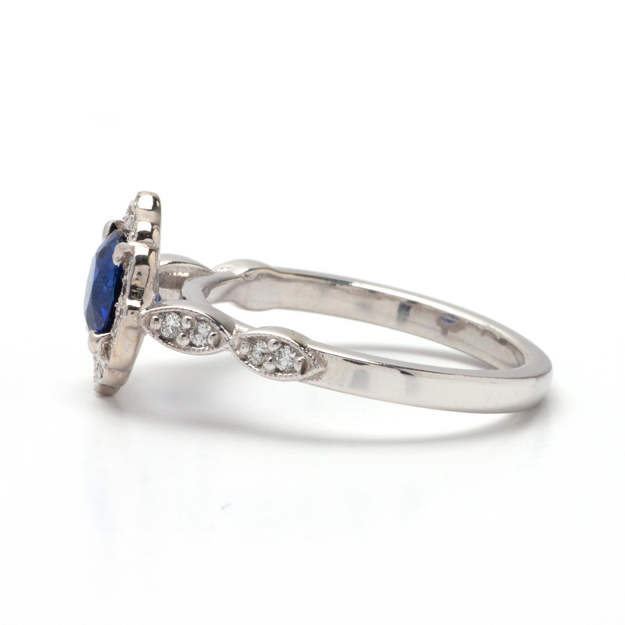 Modern 1.06ct Round Sapphire Ring in 14K White Gold, 0.25ct Side Diamonds For Sale