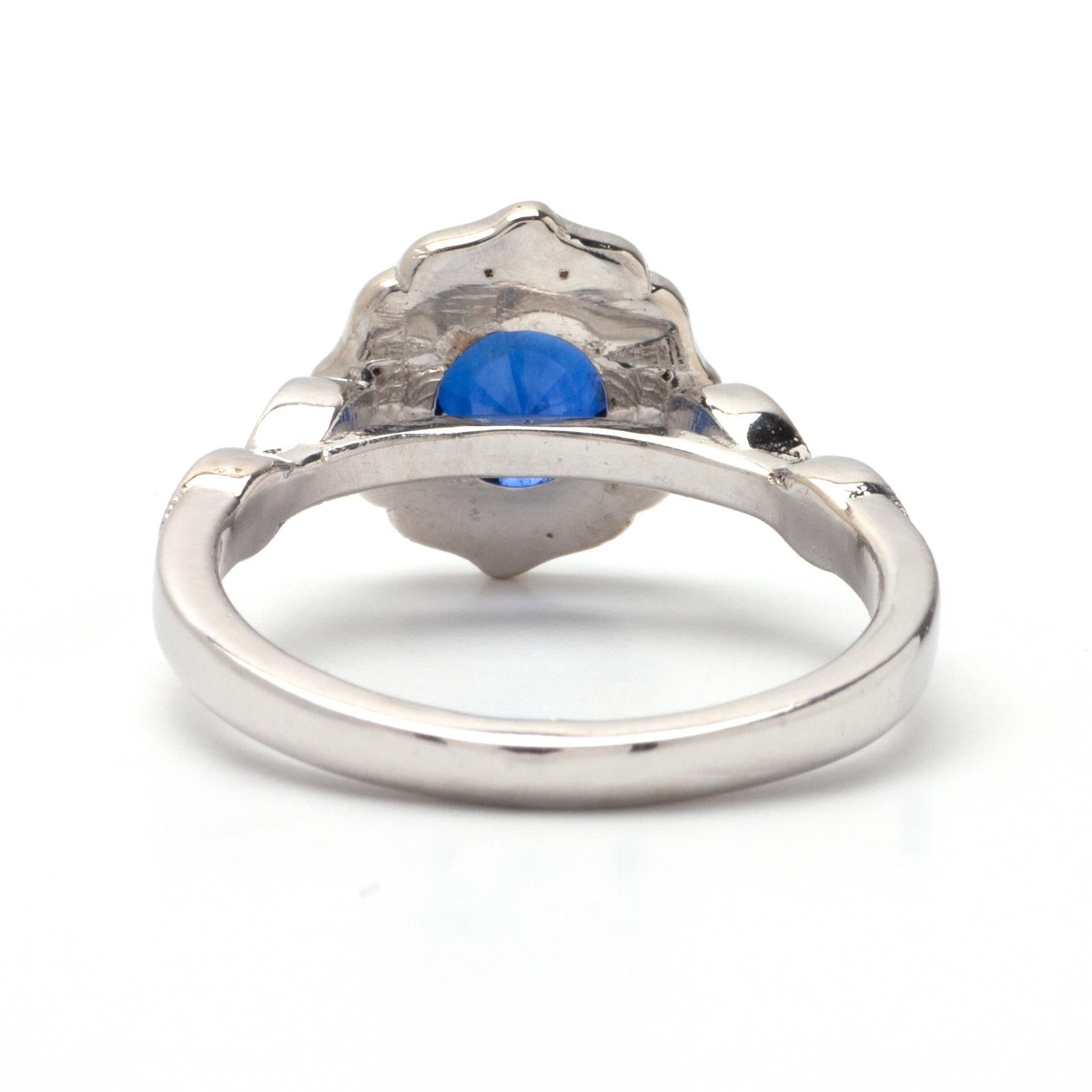 Round Cut 1.06ct Round Sapphire Ring in 14K White Gold, 0.25ct Side Diamonds For Sale
