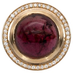 10.6Ct Rubellite Tourmaline Ring with Natural Diamonds Halo: Solid 14K Gold