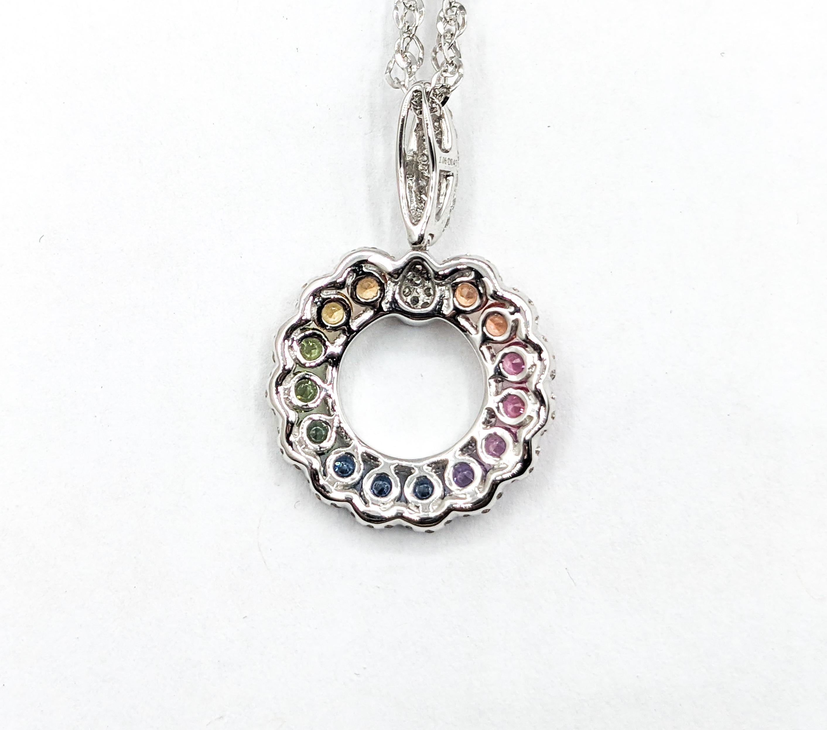 Round Cut 1.06ctw Multicolor Sapphire & Diamond Pendant With Chain In 18k White Gold  For Sale