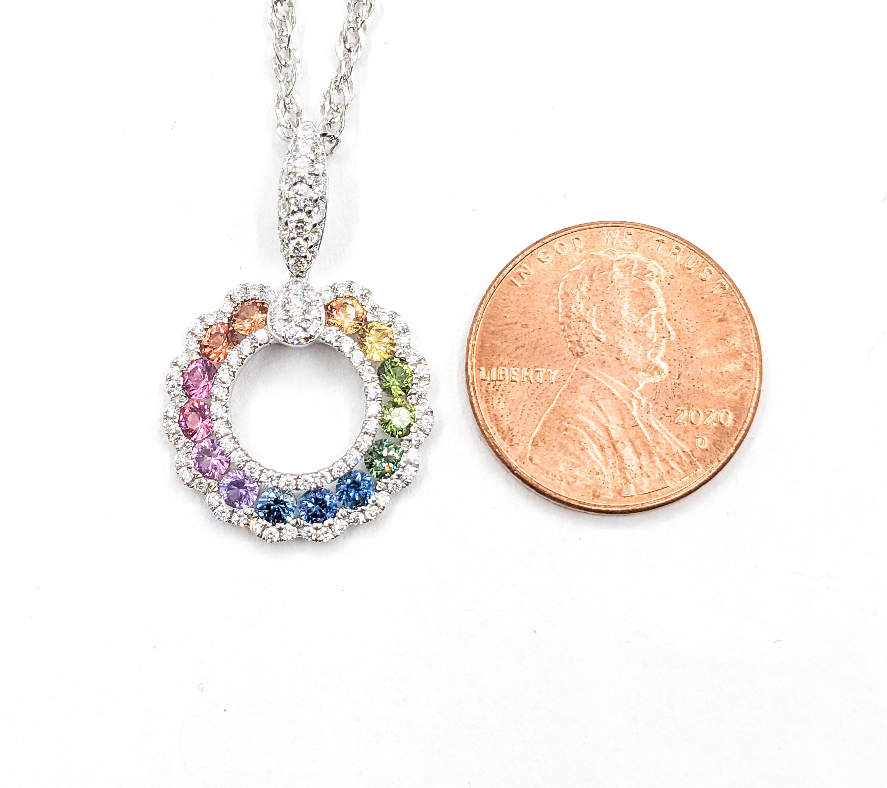 1.06ctw Multicolor Sapphire & Diamond Pendant With Chain In 18k White Gold  In New Condition For Sale In Bloomington, MN