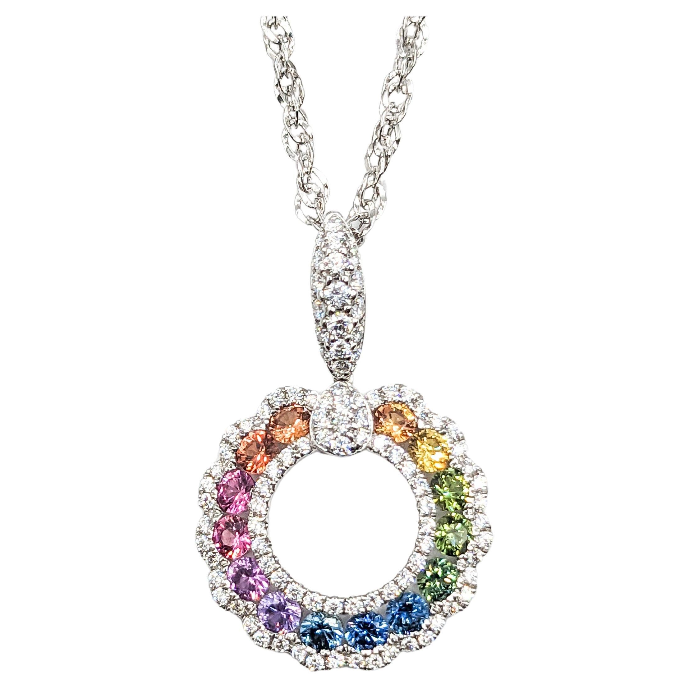 1.06ctw Multicolor Sapphire & Diamond Pendant With Chain In 18k White Gold  For Sale