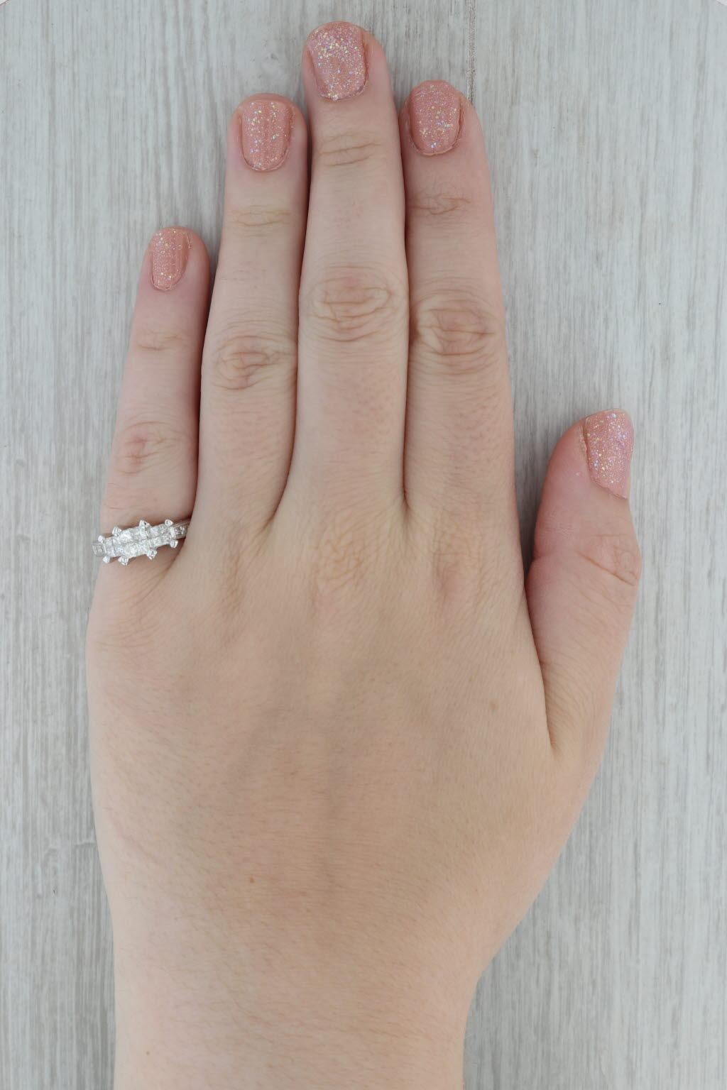 Gemstone Information:
- Natural Diamonds (centers) -
Total Carats - 0.28ctw
Cut - Princess Brilliant
Color - G - H
Clarity - SI1 - I1

- Natural Diamonds (sides) -
Total Carats - 0.60ctw
Cut - Princess Brilliant
Color - G - I
Clarity - VS2 - I2

-