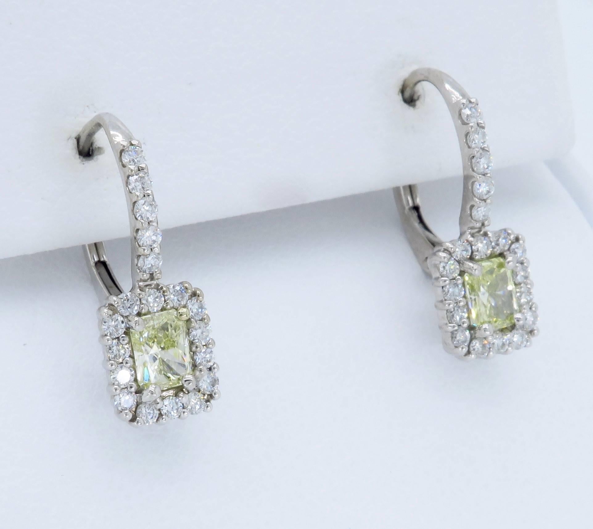 1.06 Carat Yellow Diamond Halo Earrings In Excellent Condition In Webster, NY