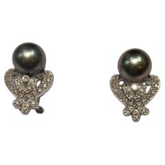 2pcs Tahitian Pearls, 14k White Gold with Diamonds and French Clip